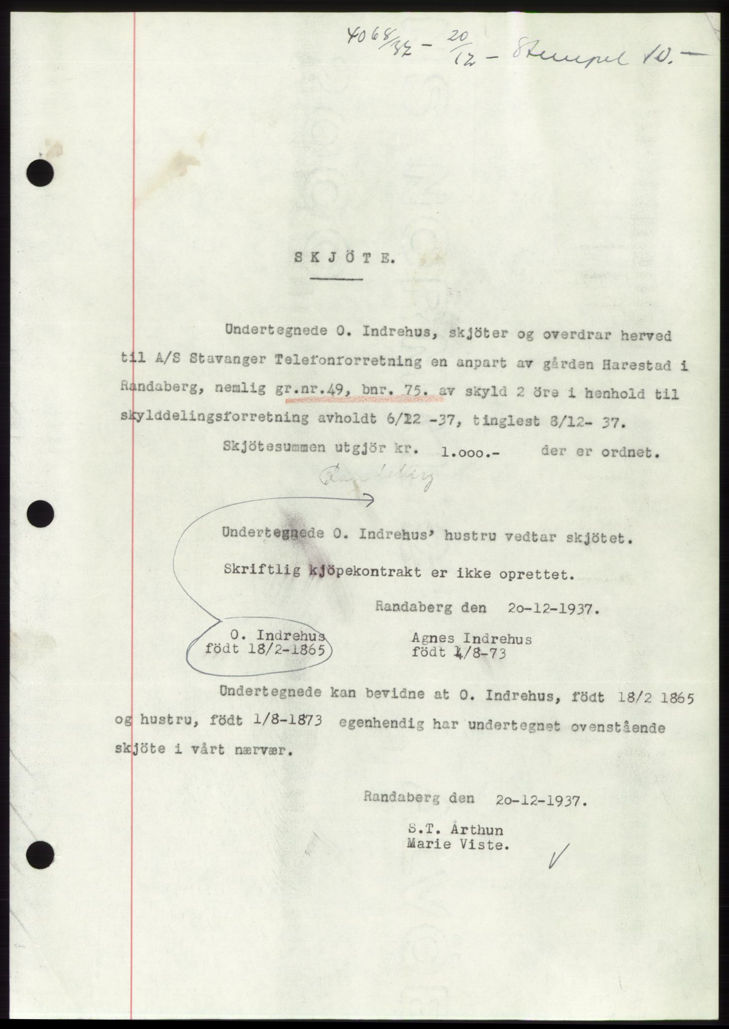 Jæren sorenskriveri, SAST/A-100310/03/G/Gba/L0069: Mortgage book, 1937-1937, Diary no: : 4068/1937