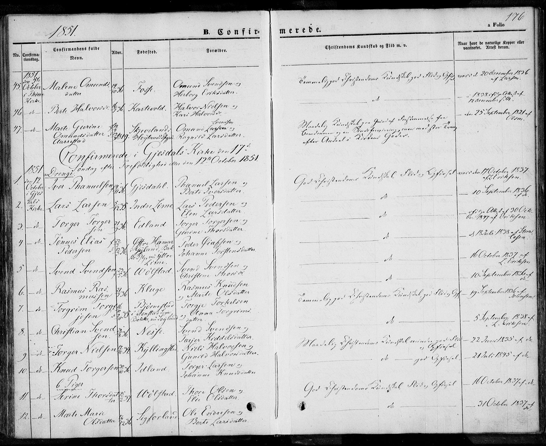 Lye sokneprestkontor, AV/SAST-A-101794/001/30BA/L0005: Parish register (official) no. A 5.1, 1842-1855, p. 176