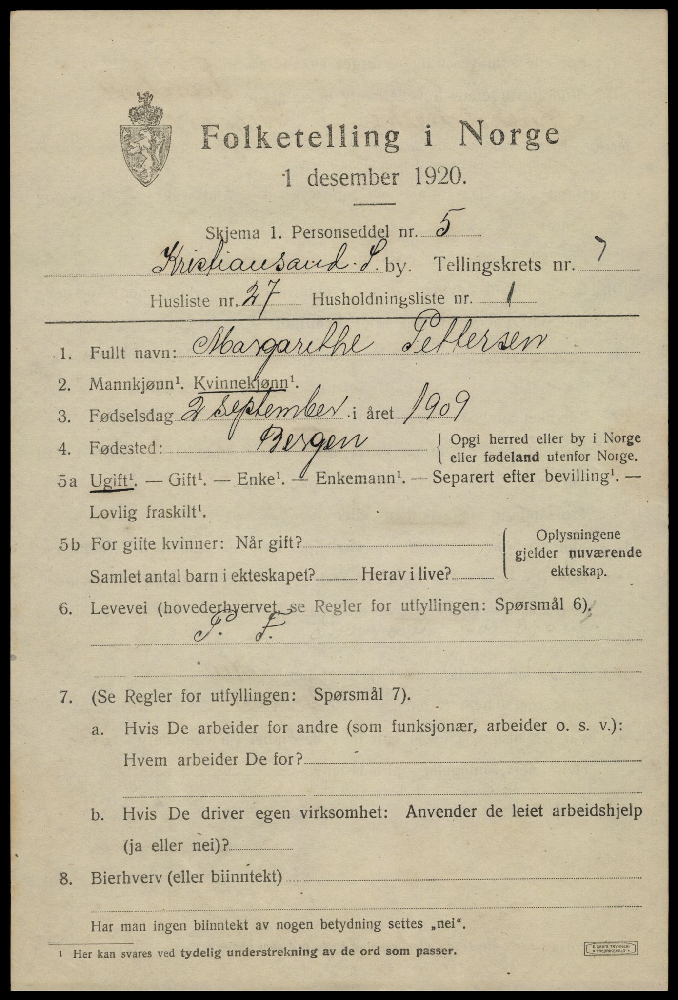 SAK, 1920 census for Kristiansand, 1920, p. 20535