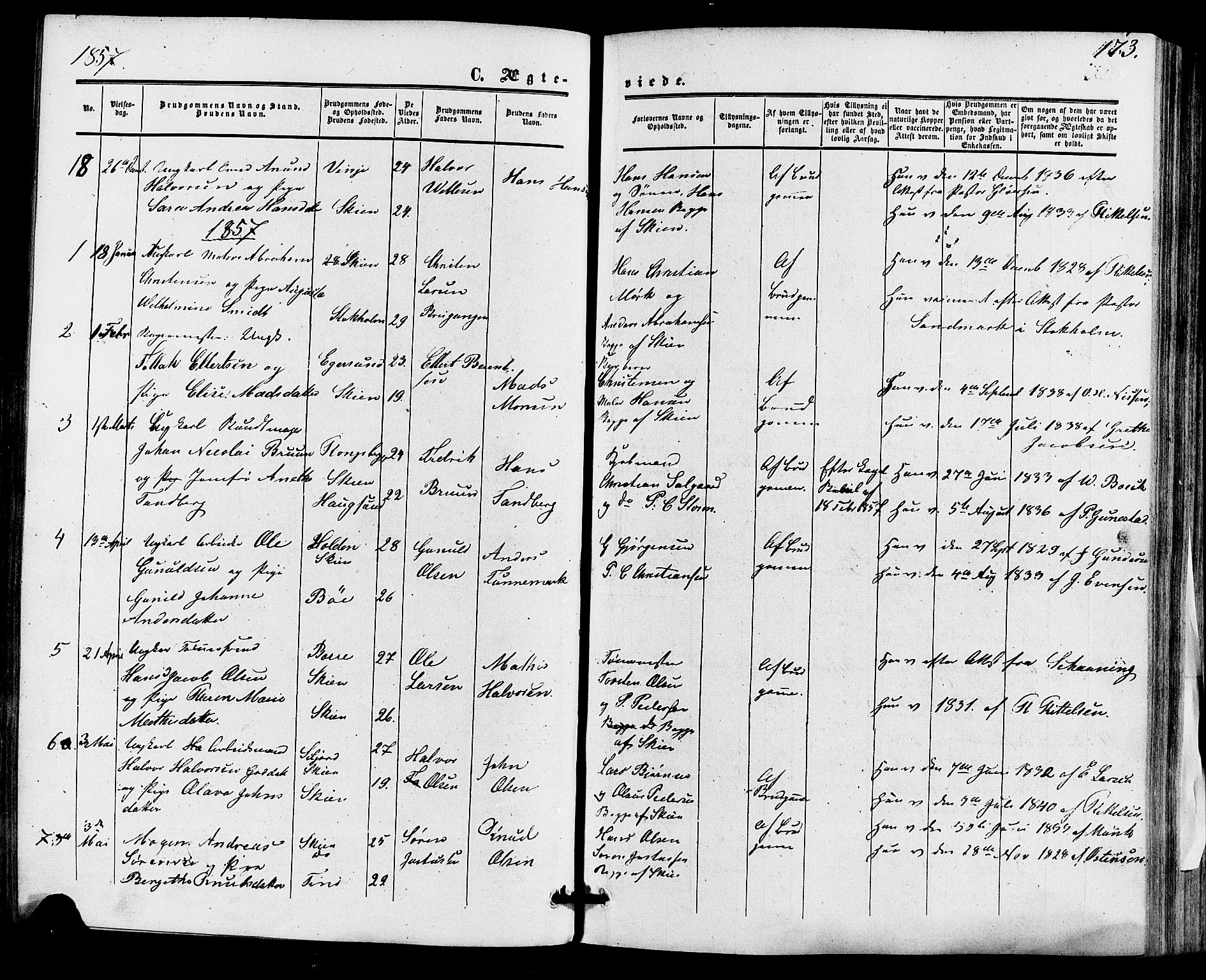 Skien kirkebøker, SAKO/A-302/F/Fa/L0007: Parish register (official) no. 7, 1856-1865, p. 173