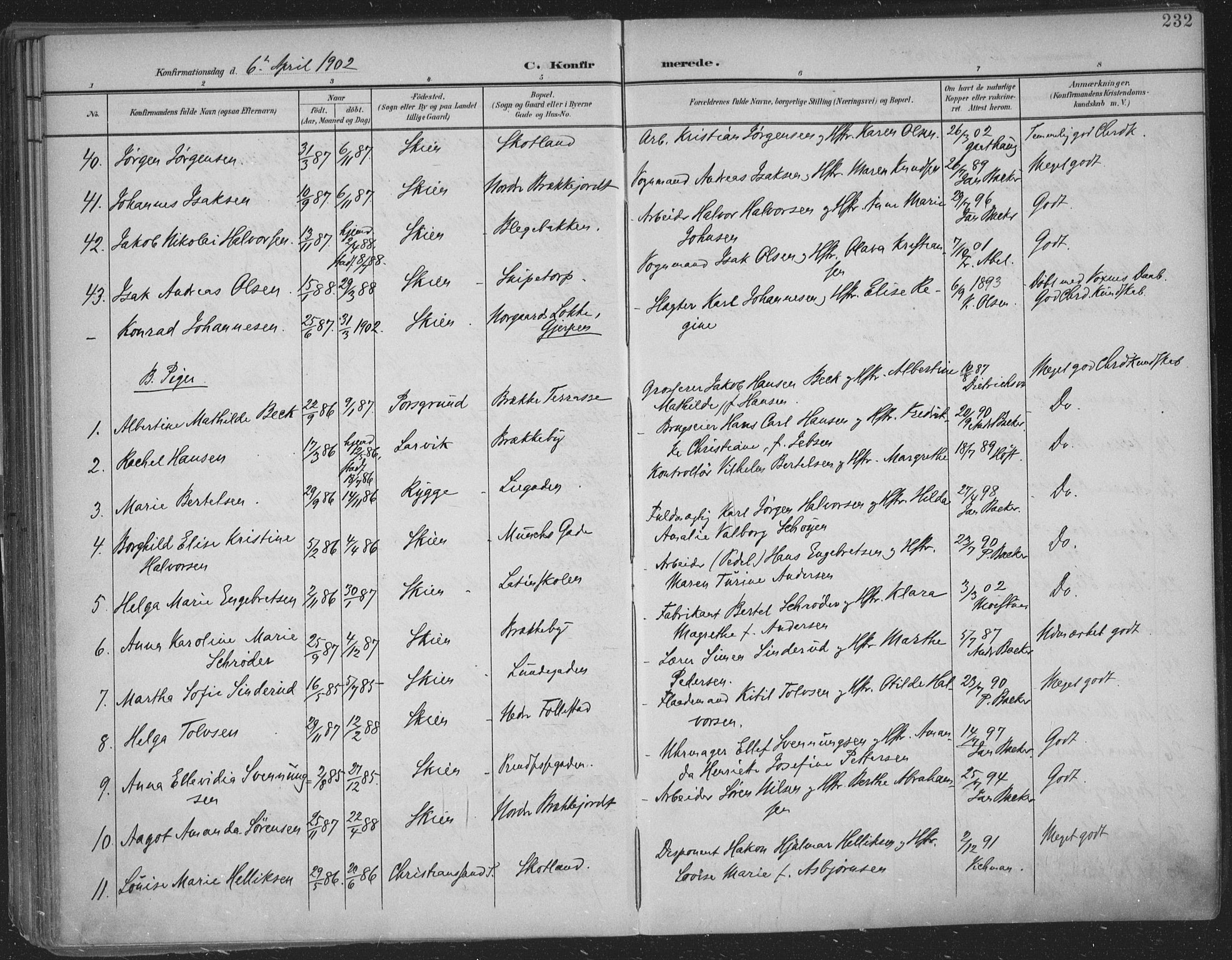 Skien kirkebøker, SAKO/A-302/F/Fa/L0011: Parish register (official) no. 11, 1900-1907, p. 232