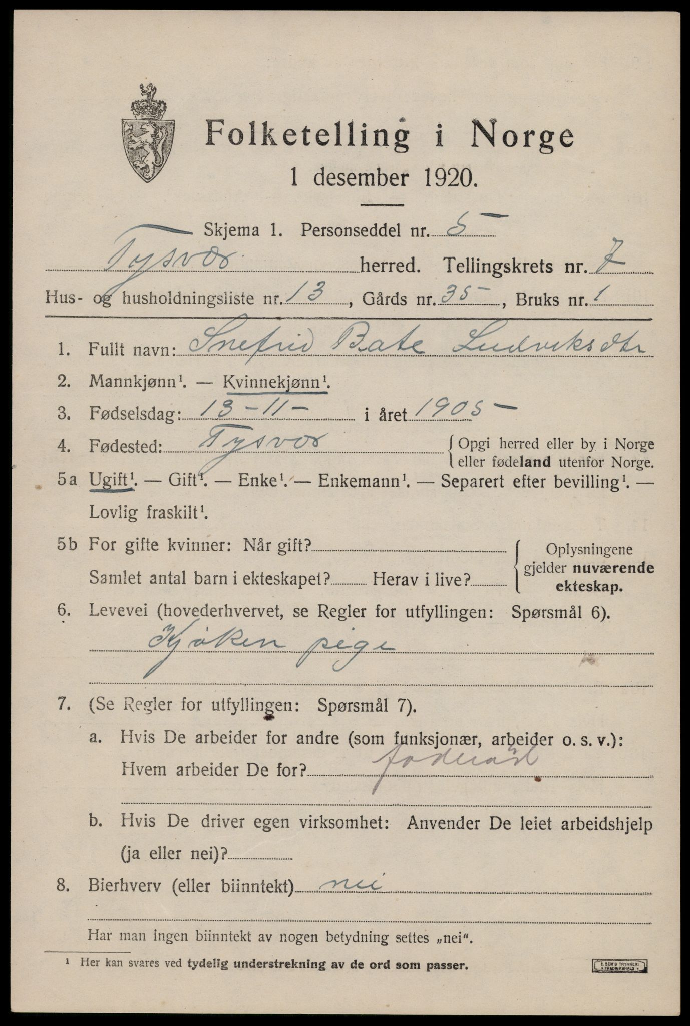 SAST, 1920 census for Tysvær, 1920, p. 2542