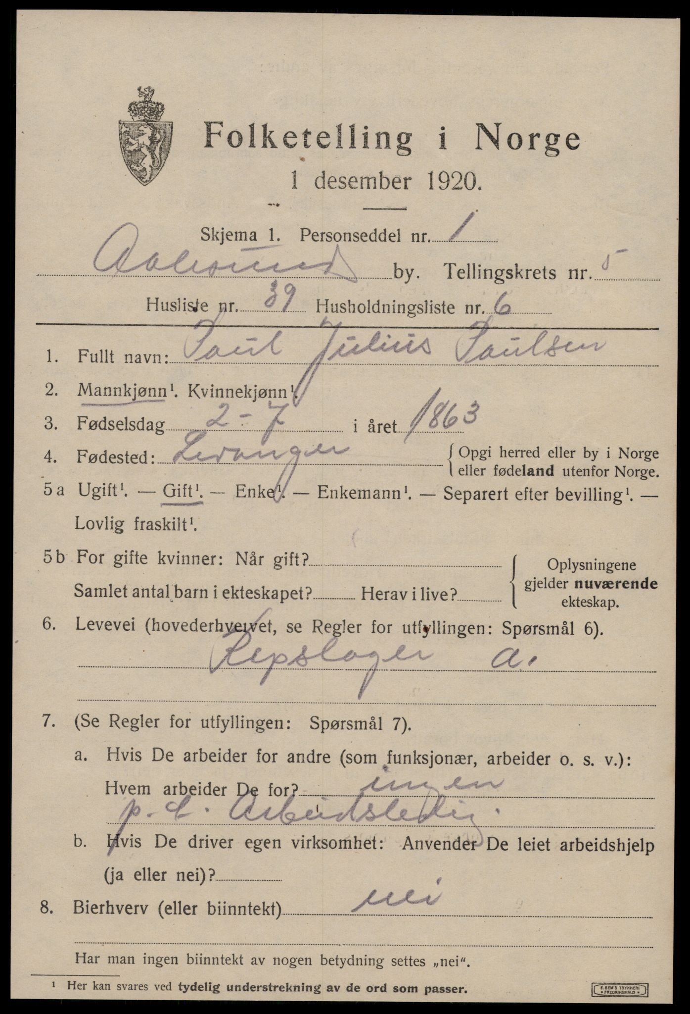 SAT, 1920 census for Ålesund, 1920, p. 17610