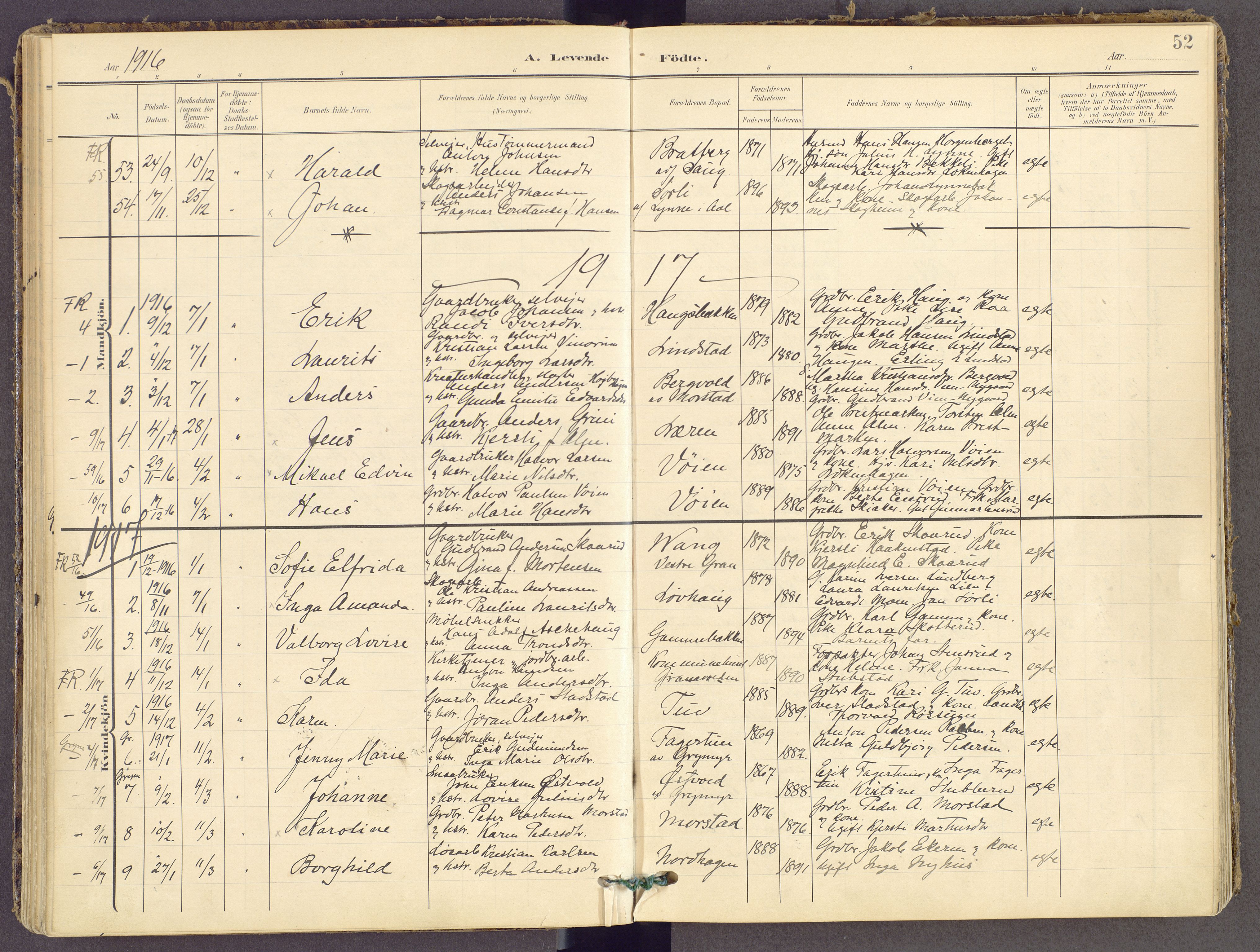 Gran prestekontor, SAH/PREST-112/H/Ha/Haa/L0021: Parish register (official) no. 21, 1908-1932, p. 52