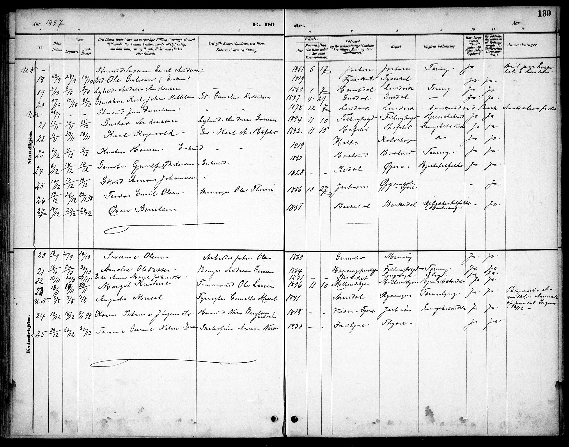 Hommedal sokneprestkontor, AV/SAK-1111-0023/F/Fb/Fbb/L0007: Parish register (copy) no. B 7, 1885-1904, p. 139