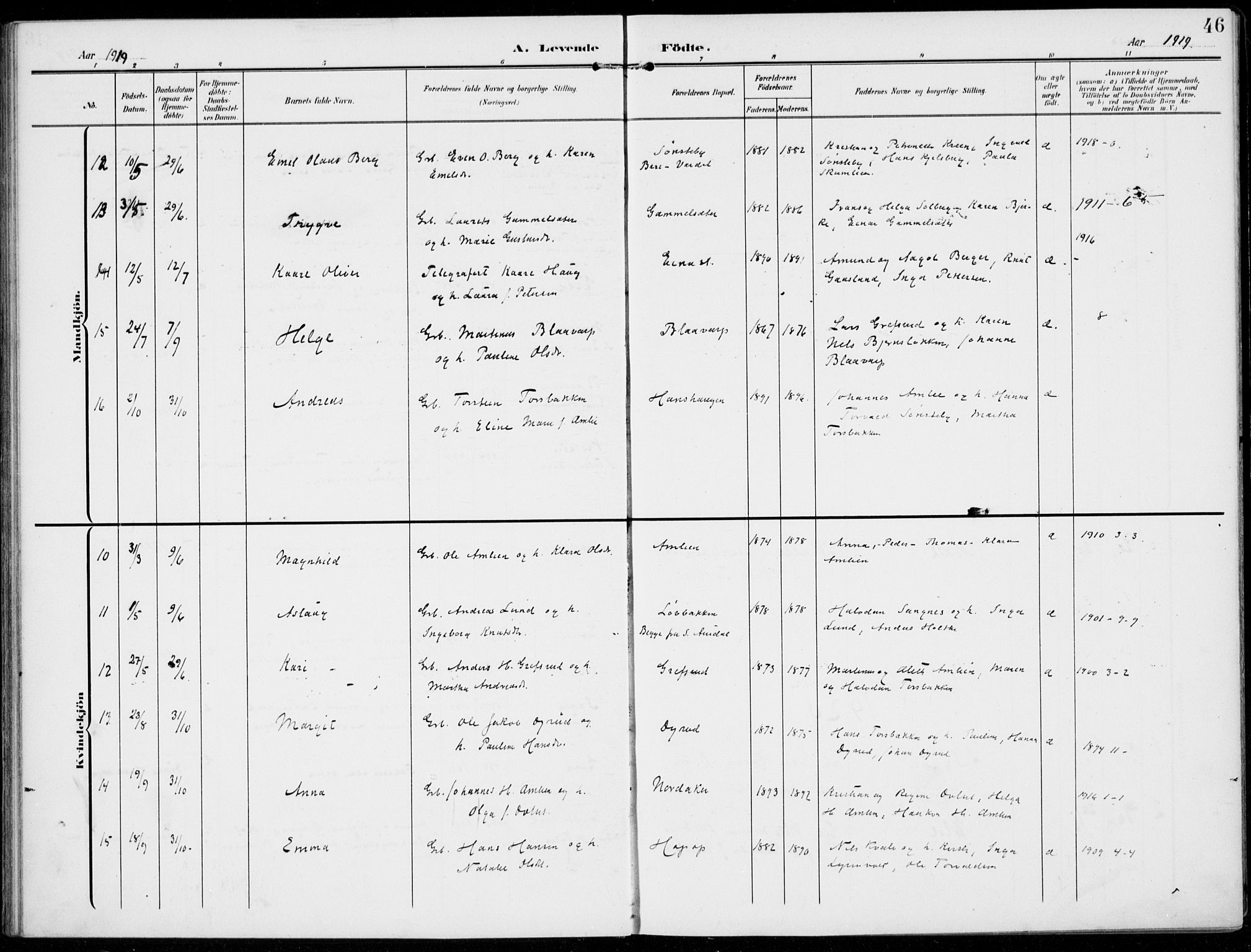 Kolbu prestekontor, AV/SAH-PREST-110/H/Ha/Haa/L0001: Parish register (official) no. 1, 1907-1923, p. 46