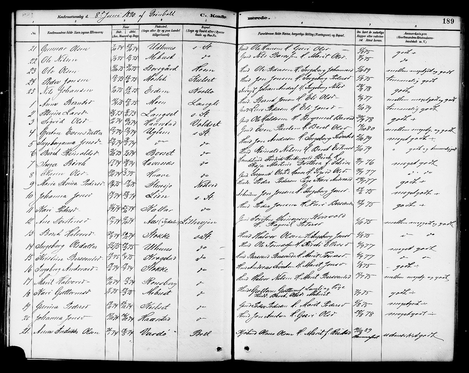 Ministerialprotokoller, klokkerbøker og fødselsregistre - Sør-Trøndelag, SAT/A-1456/695/L1157: Parish register (copy) no. 695C08, 1889-1913, p. 189