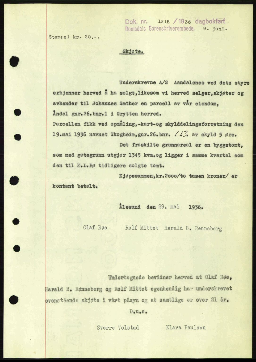 Romsdal sorenskriveri, AV/SAT-A-4149/1/2/2C: Mortgage book no. A1, 1936-1936, Diary no: : 1215/1936