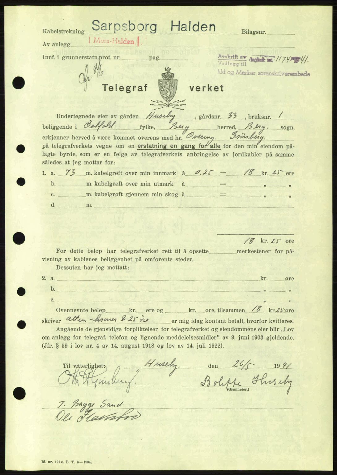 Idd og Marker sorenskriveri, AV/SAO-A-10283/G/Gb/Gbb/L0004: Mortgage book no. A4, 1940-1941, Diary no: : 1174/1941