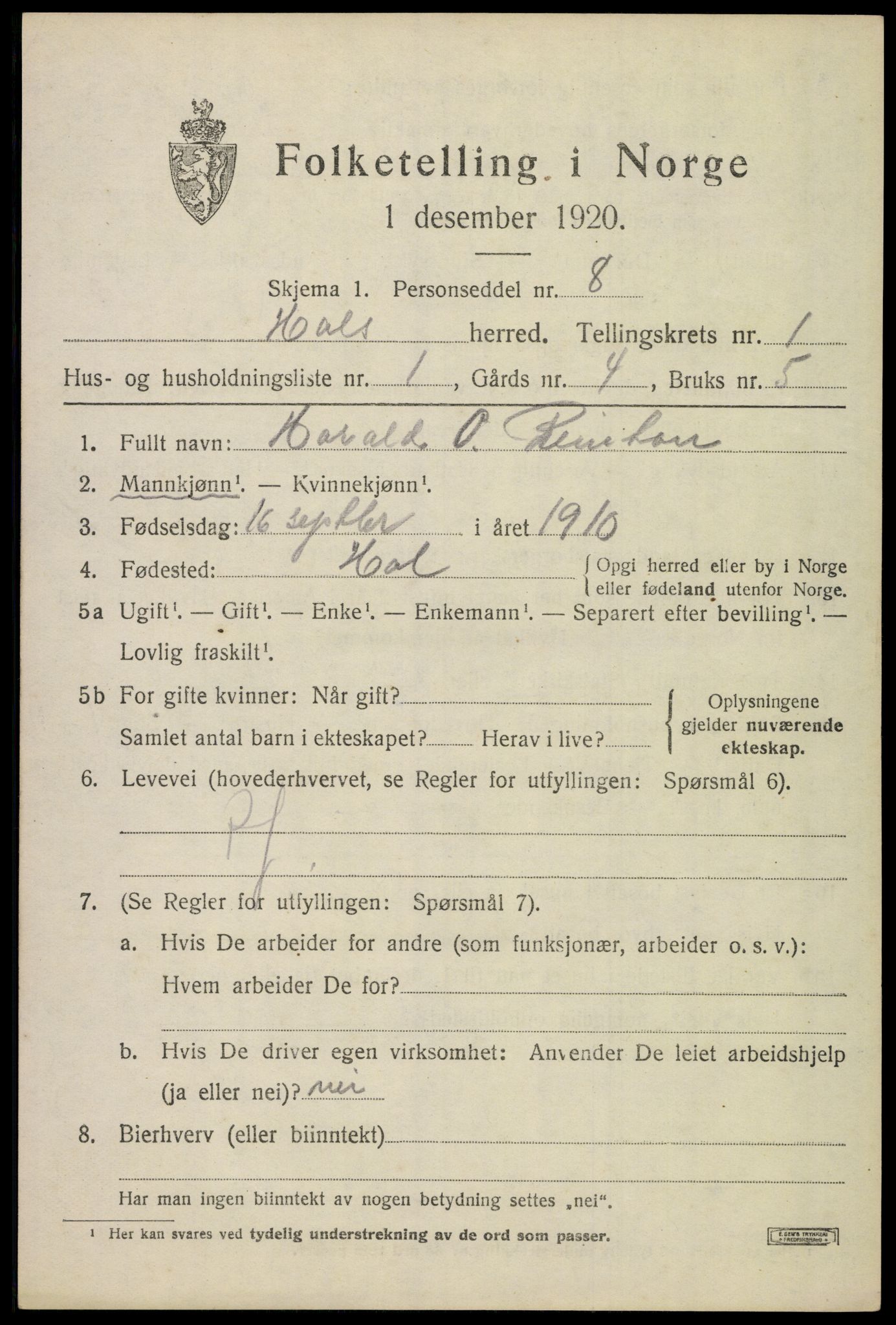 SAKO, 1920 census for Hol (Buskerud), 1920, p. 861