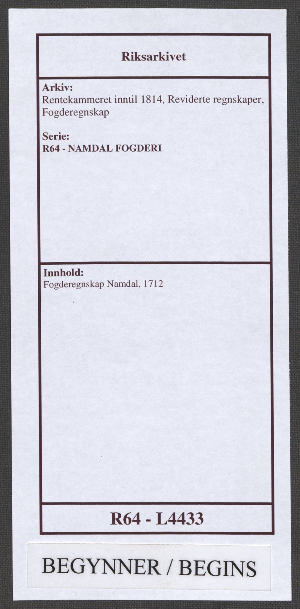 Rentekammeret inntil 1814, Reviderte regnskaper, Fogderegnskap, AV/RA-EA-4092/R64/L4433: Fogderegnskap Namdal, 1712, p. 1