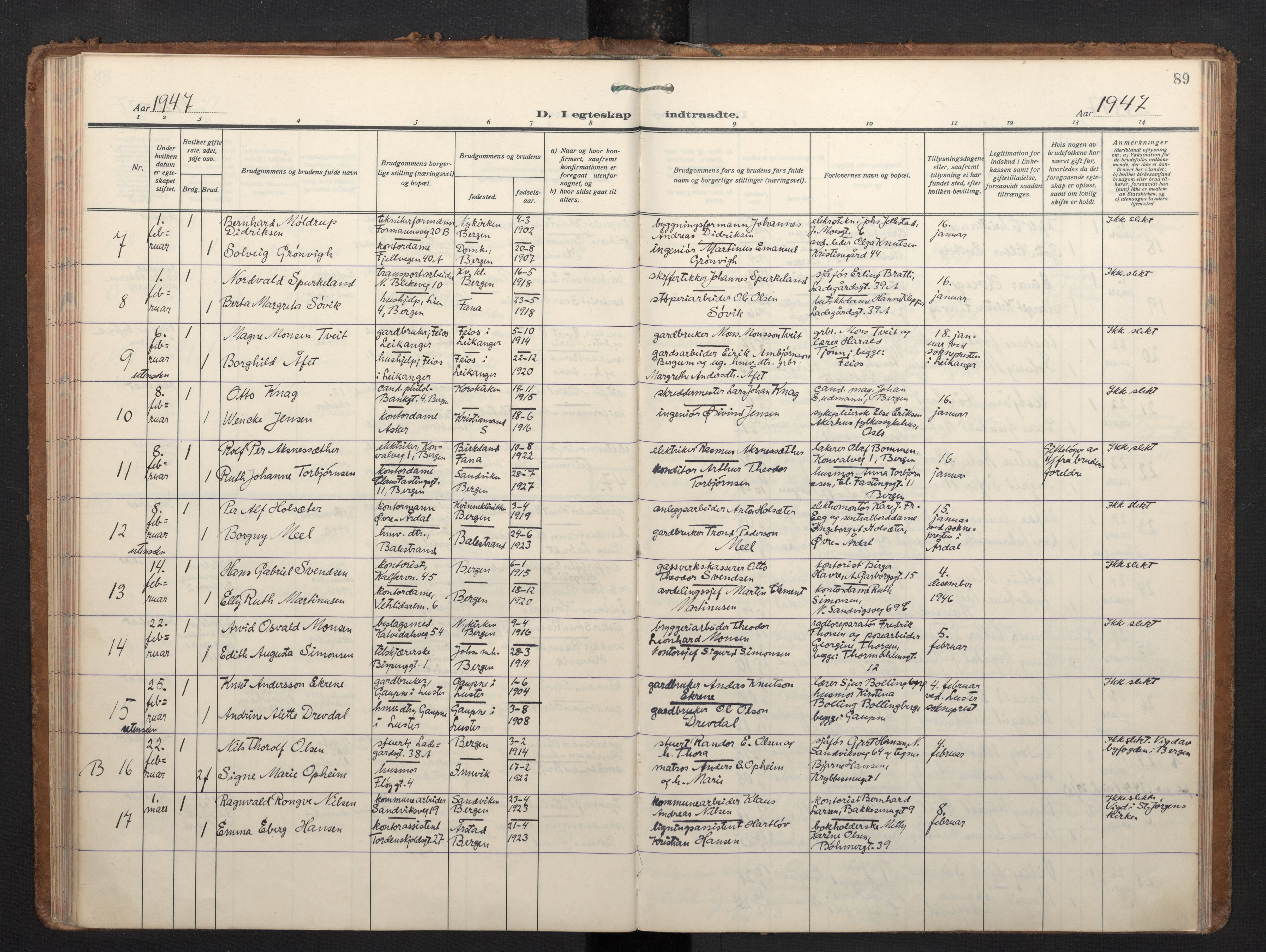 Korskirken sokneprestembete, AV/SAB-A-76101/H/Haa/L0040: Parish register (official) no. D 7, 1938-1952, p. 88b-89a