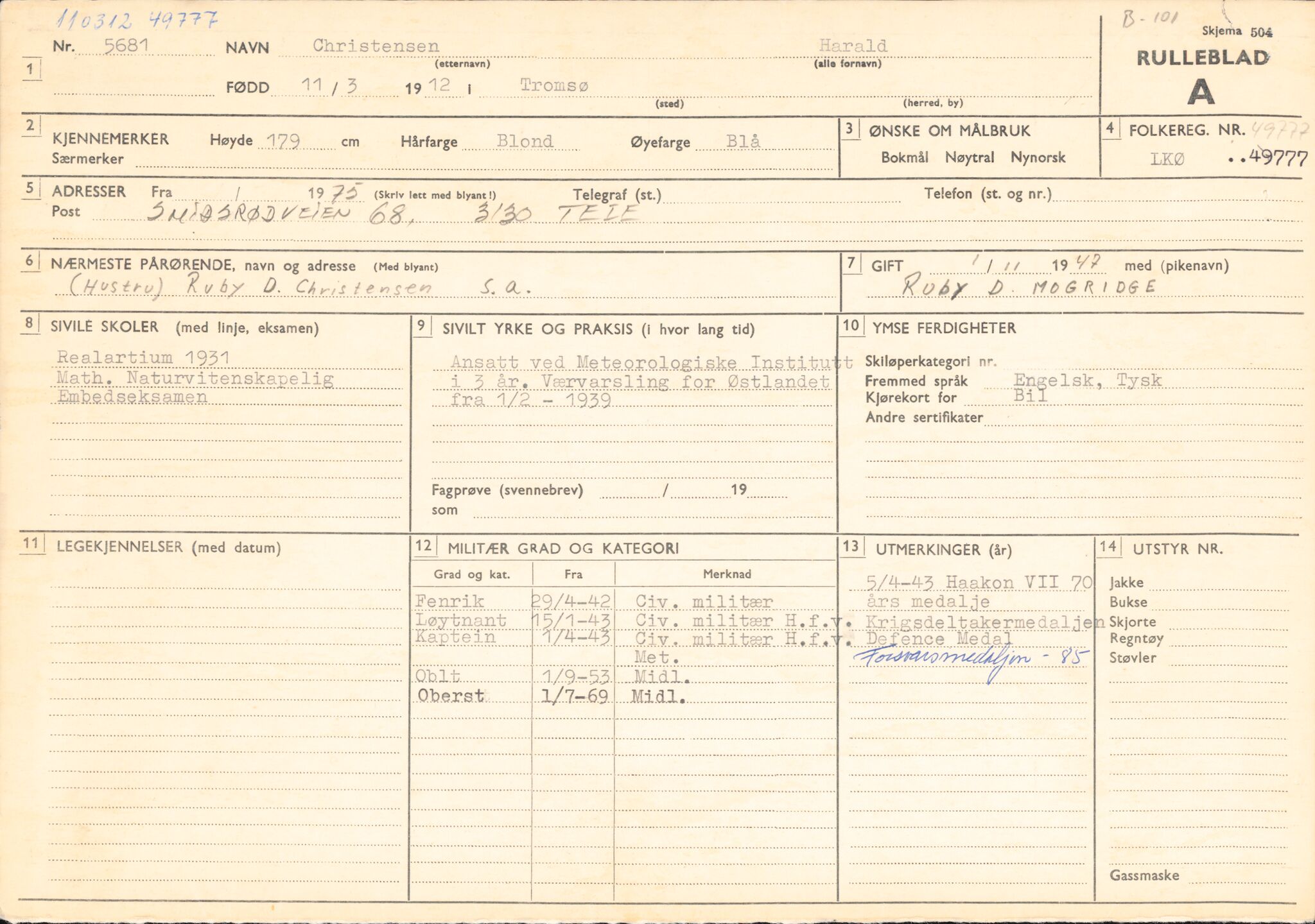 Forsvaret, Forsvarets overkommando/Luftforsvarsstaben, AV/RA-RAFA-4079/P/Pa/L0029: Personellpapirer, 1912, p. 274