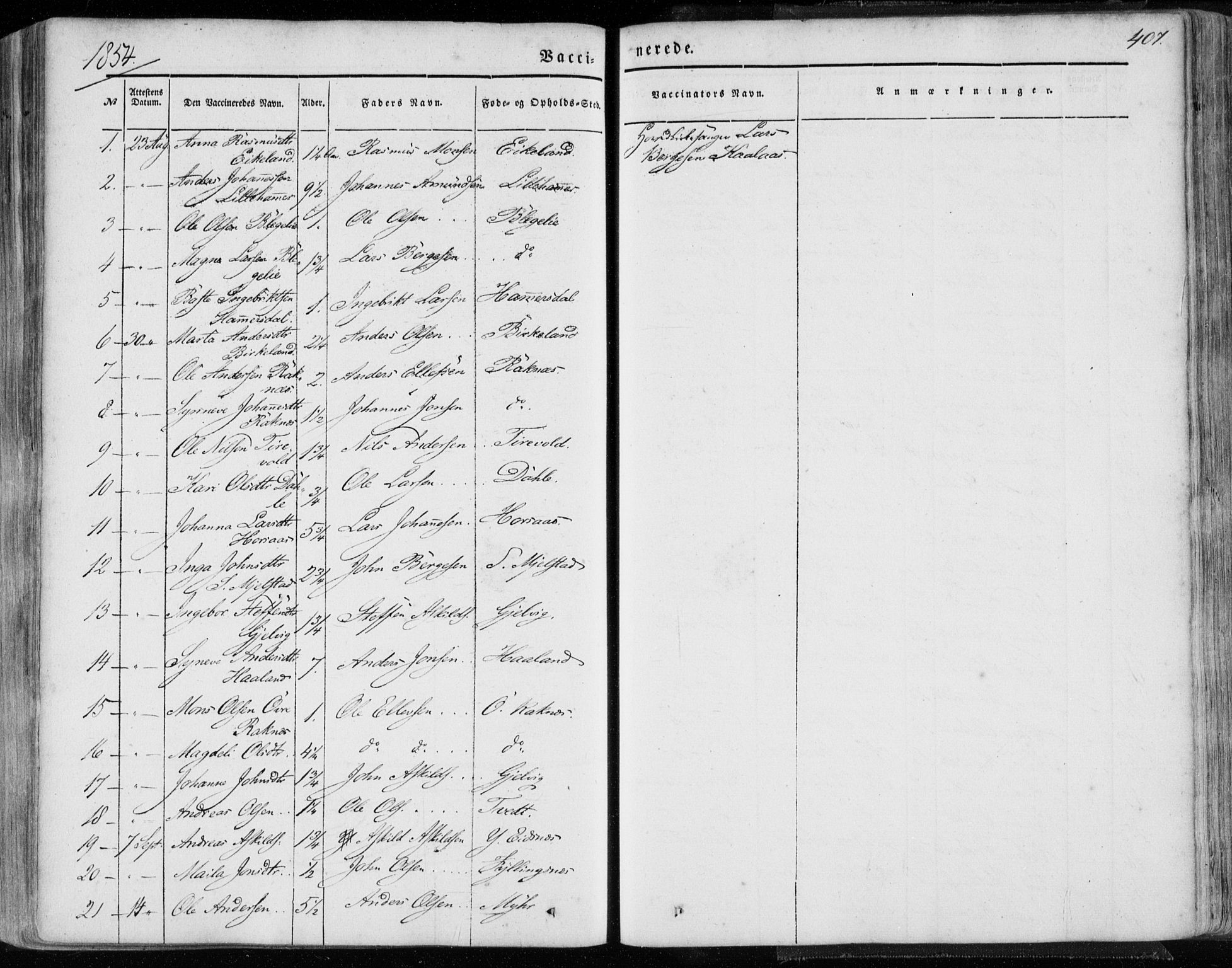 Hamre sokneprestembete, SAB/A-75501/H/Ha/Haa/Haaa/L0013: Parish register (official) no. A 13, 1846-1857, p. 407