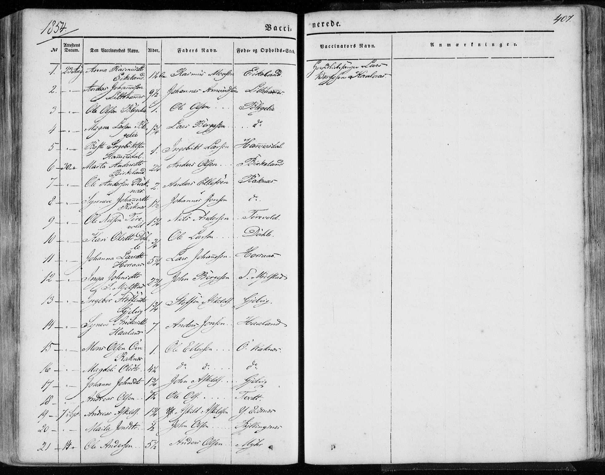 Hamre sokneprestembete, AV/SAB-A-75501/H/Ha/Haa/Haaa/L0013: Parish register (official) no. A 13, 1846-1857, p. 407