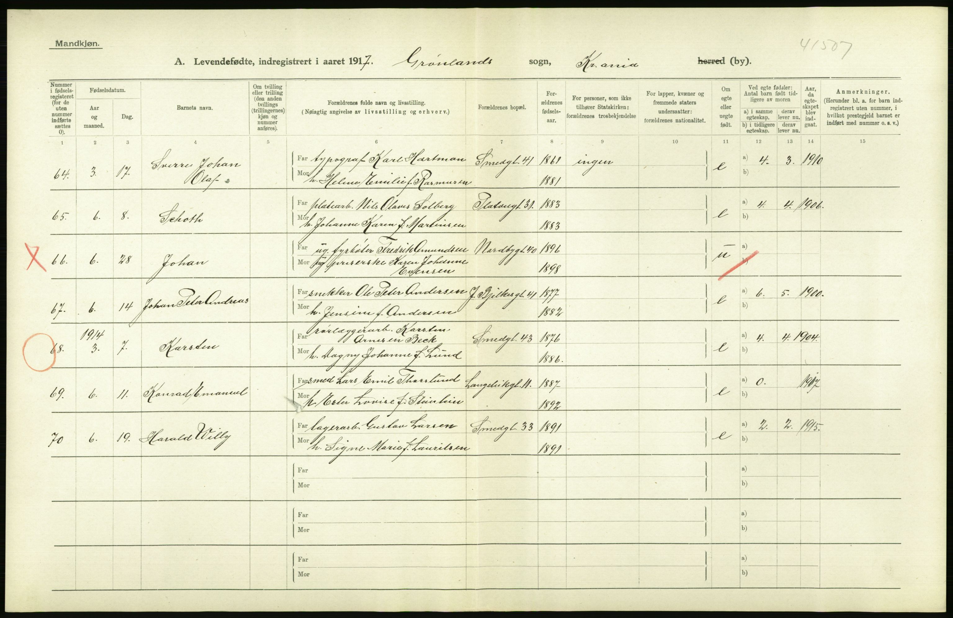 Statistisk sentralbyrå, Sosiodemografiske emner, Befolkning, AV/RA-S-2228/D/Df/Dfb/Dfbg/L0006: Kristiania: Levendefødte menn og kvinner., 1917, p. 16