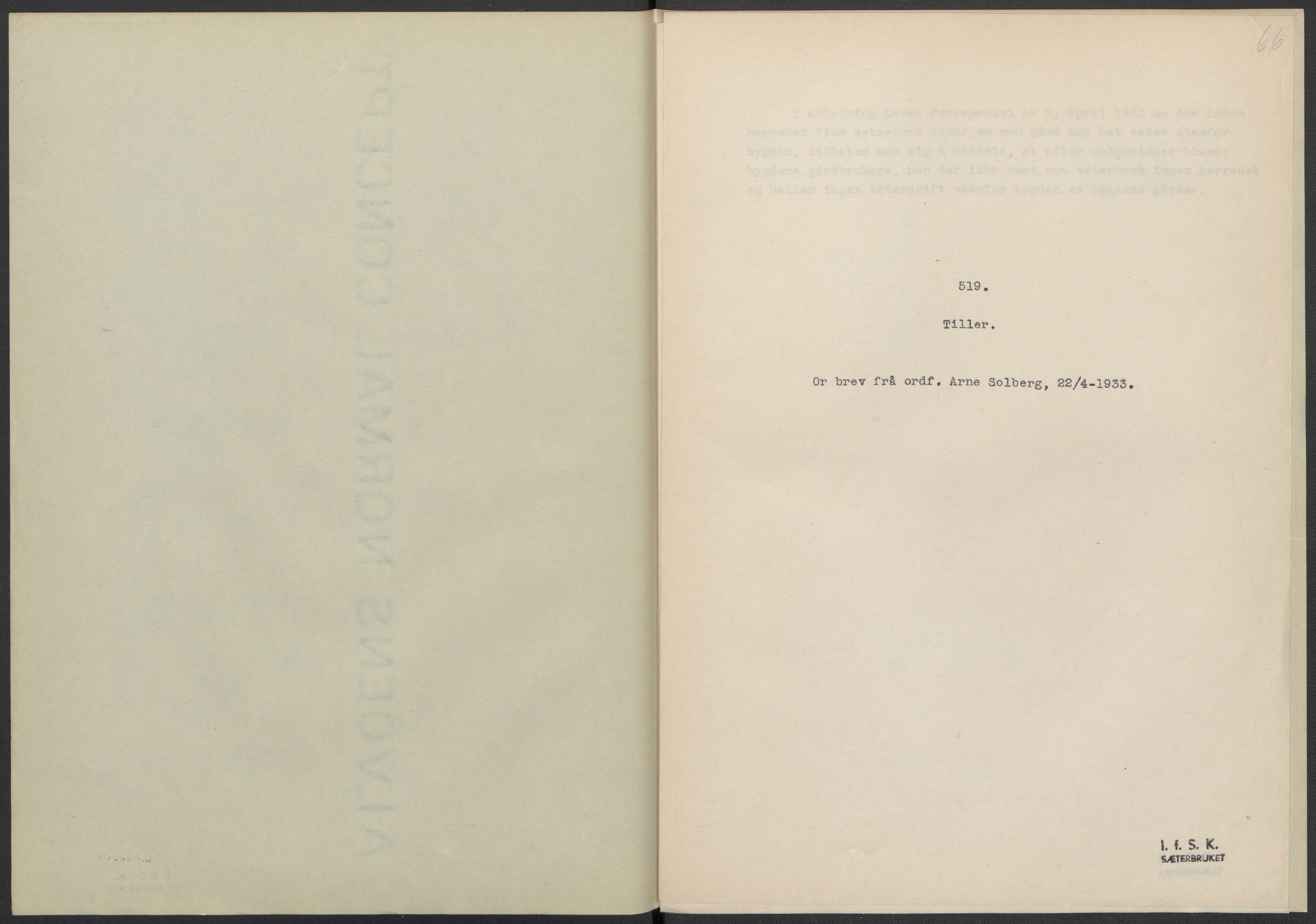 Instituttet for sammenlignende kulturforskning, AV/RA-PA-0424/F/Fc/L0014/0003: Eske B14: / Sør-Trøndelag (perm XLI), 1933-1935, p. 66