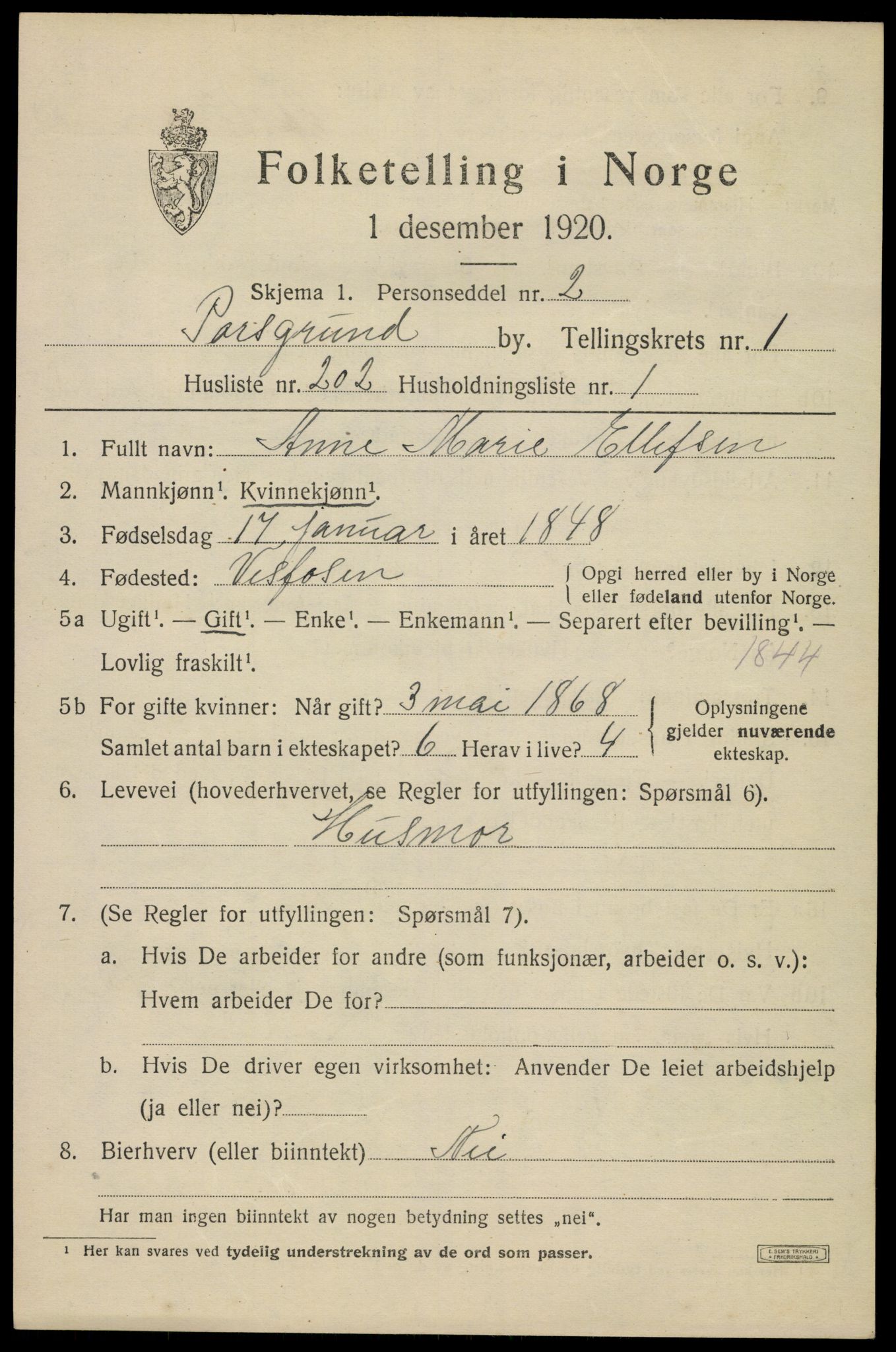 SAKO, 1920 census for Porsgrunn, 1920, p. 9433