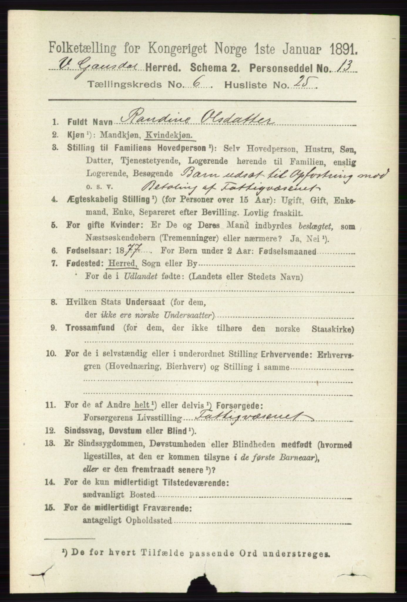 RA, 1891 census for 0523 Vestre Gausdal, 1891, p. 2706