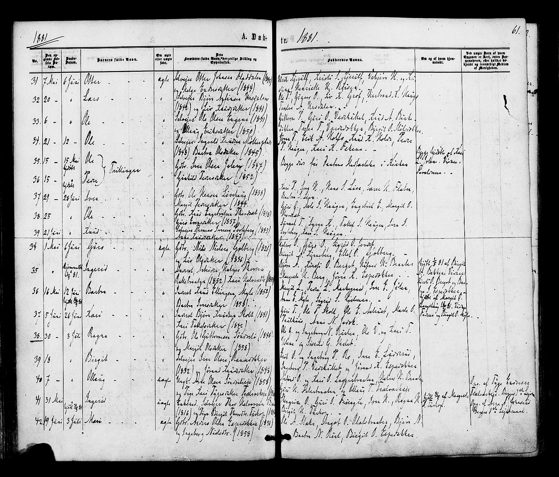 Gol kirkebøker, AV/SAKO-A-226/F/Fa/L0004: Parish register (official) no. I 4, 1876-1886, p. 61