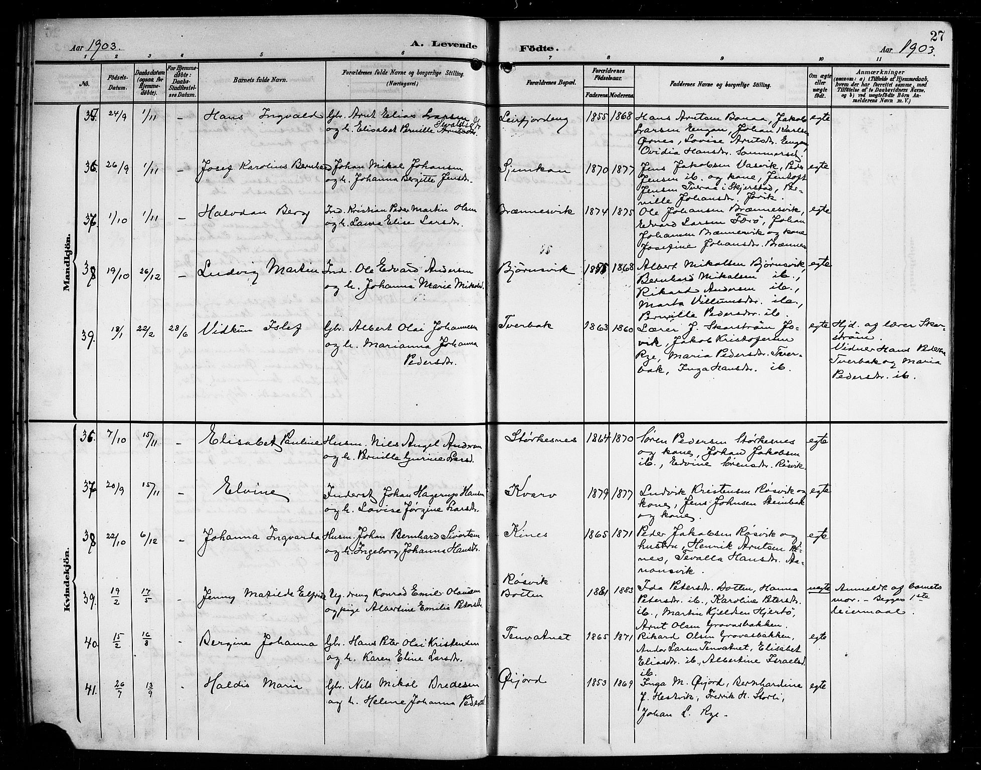 Ministerialprotokoller, klokkerbøker og fødselsregistre - Nordland, AV/SAT-A-1459/854/L0786: Parish register (copy) no. 854C02, 1901-1912, p. 27