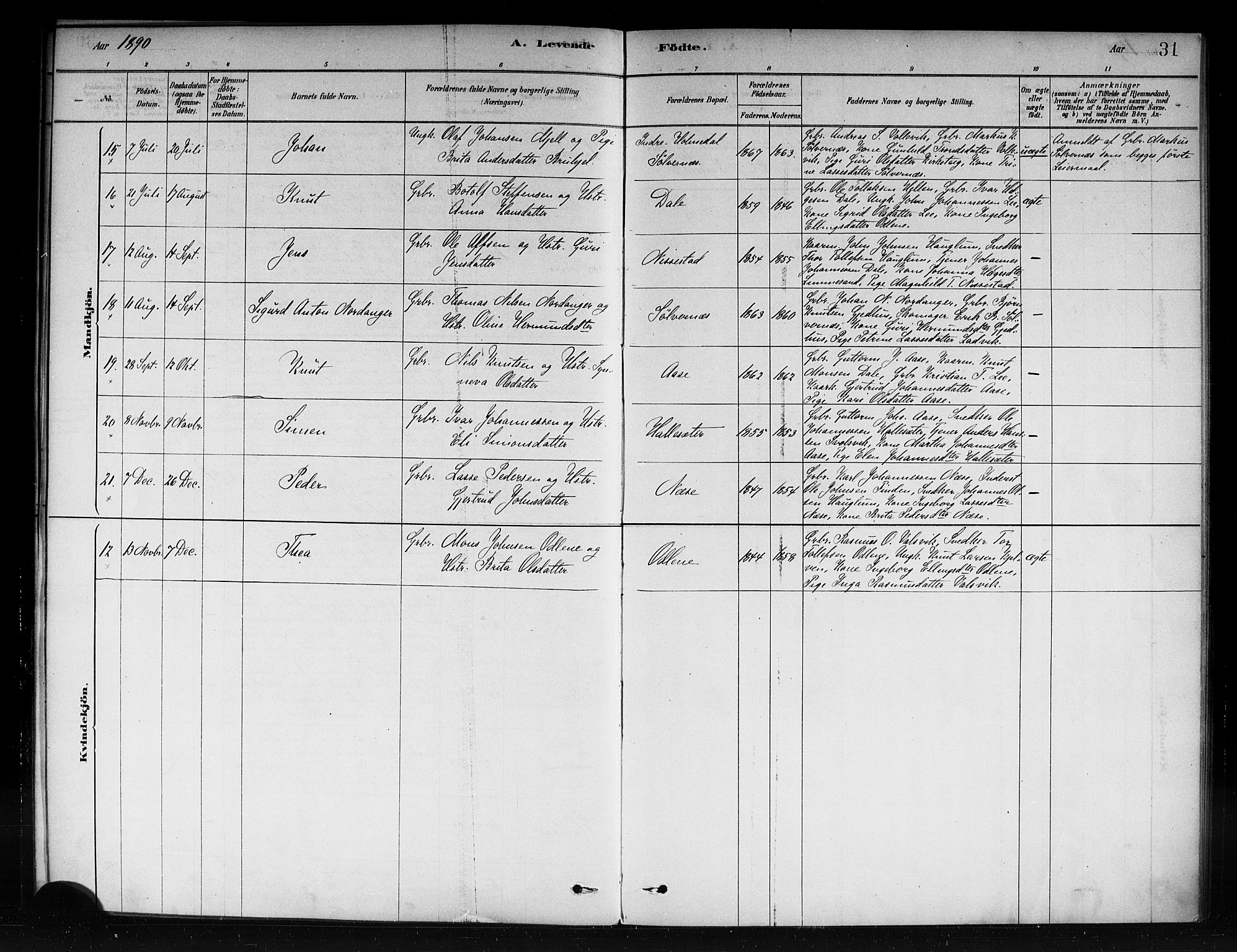 Vik sokneprestembete, AV/SAB-A-81501/H/Haa/Haac/L0001: Parish register (official) no. C 1, 1878-1890, p. 31