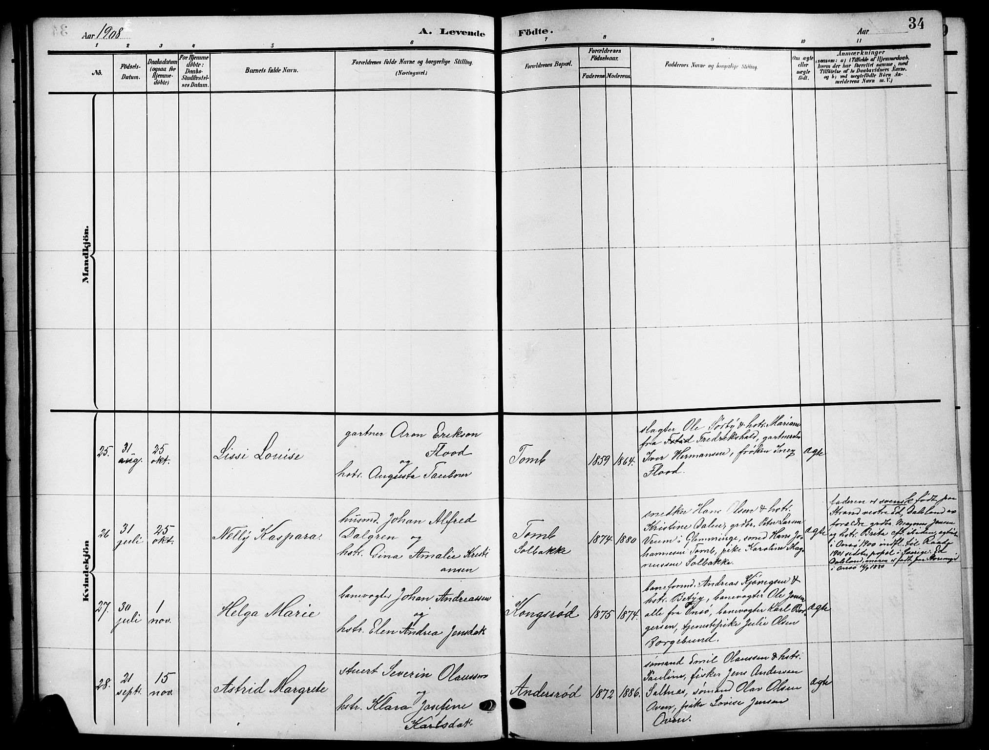 Råde prestekontor kirkebøker, AV/SAO-A-2009/G/Ga/L0001: Parish register (copy) no. 1, 1903-1925, p. 34