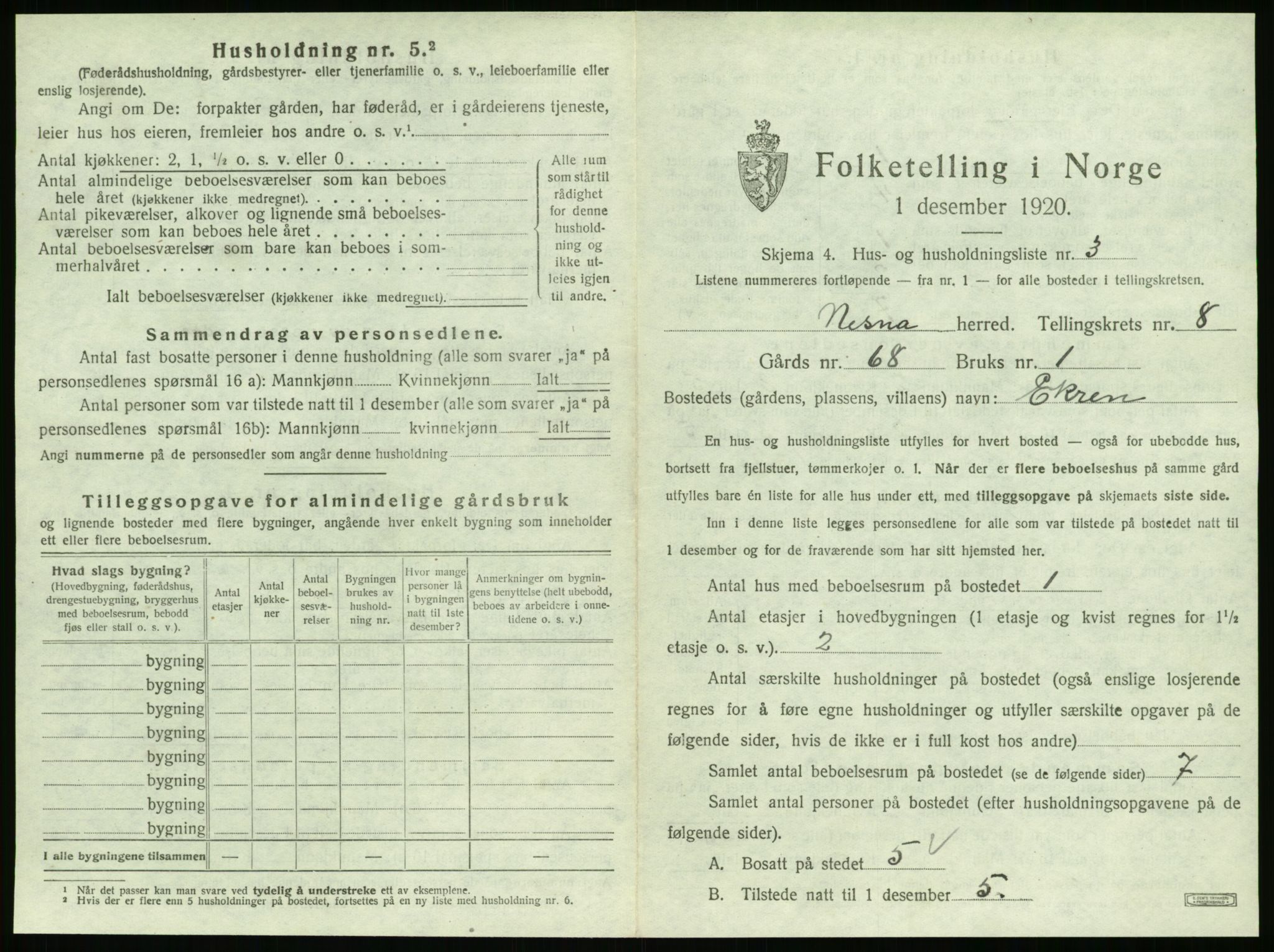 SAT, 1920 census for Nesna, 1920, p. 935