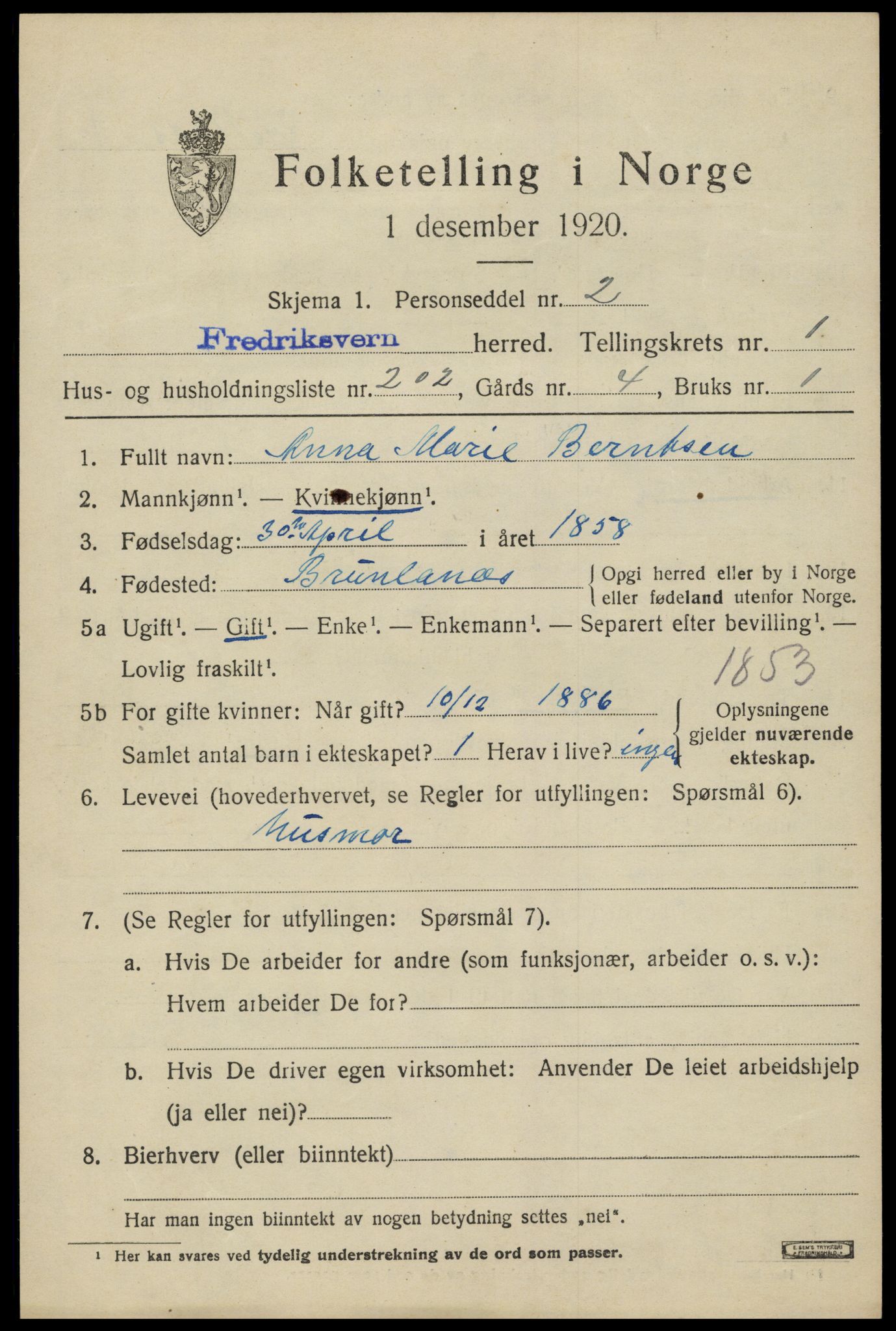 SAKO, 1920 census for Fredriksvern, 1920, p. 1771