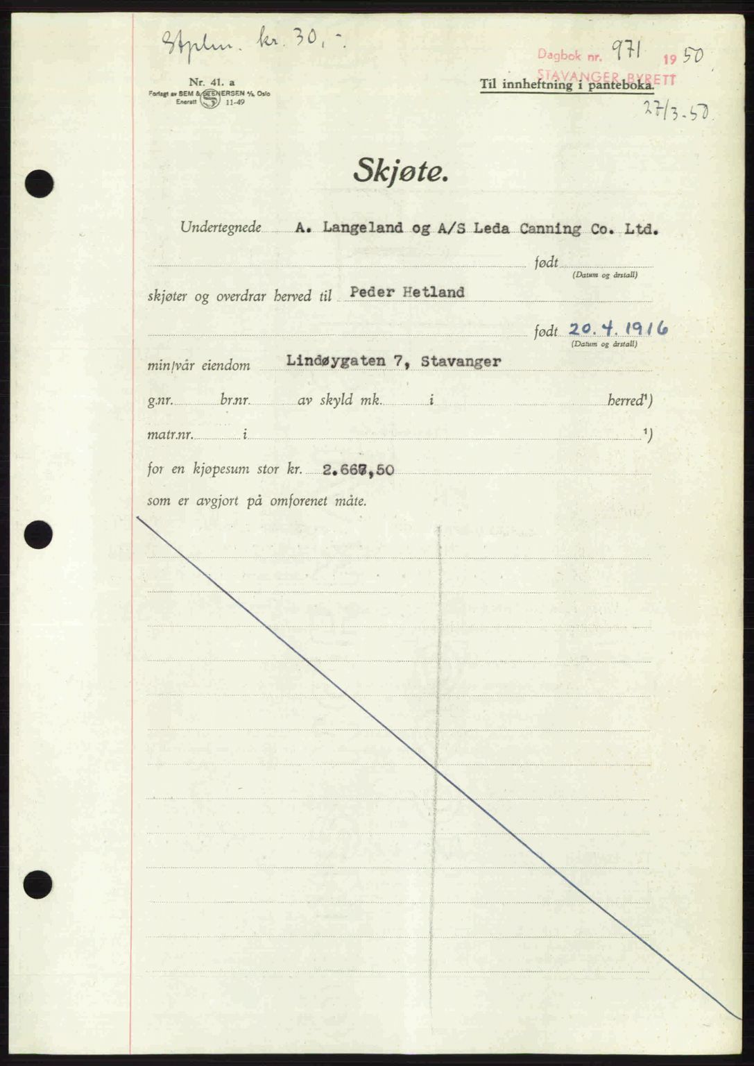 Stavanger byrett, SAST/A-100455/002/G/Gb/L0024: Mortgage book no. A13, 1949-1950, Diary no: : 971/1950