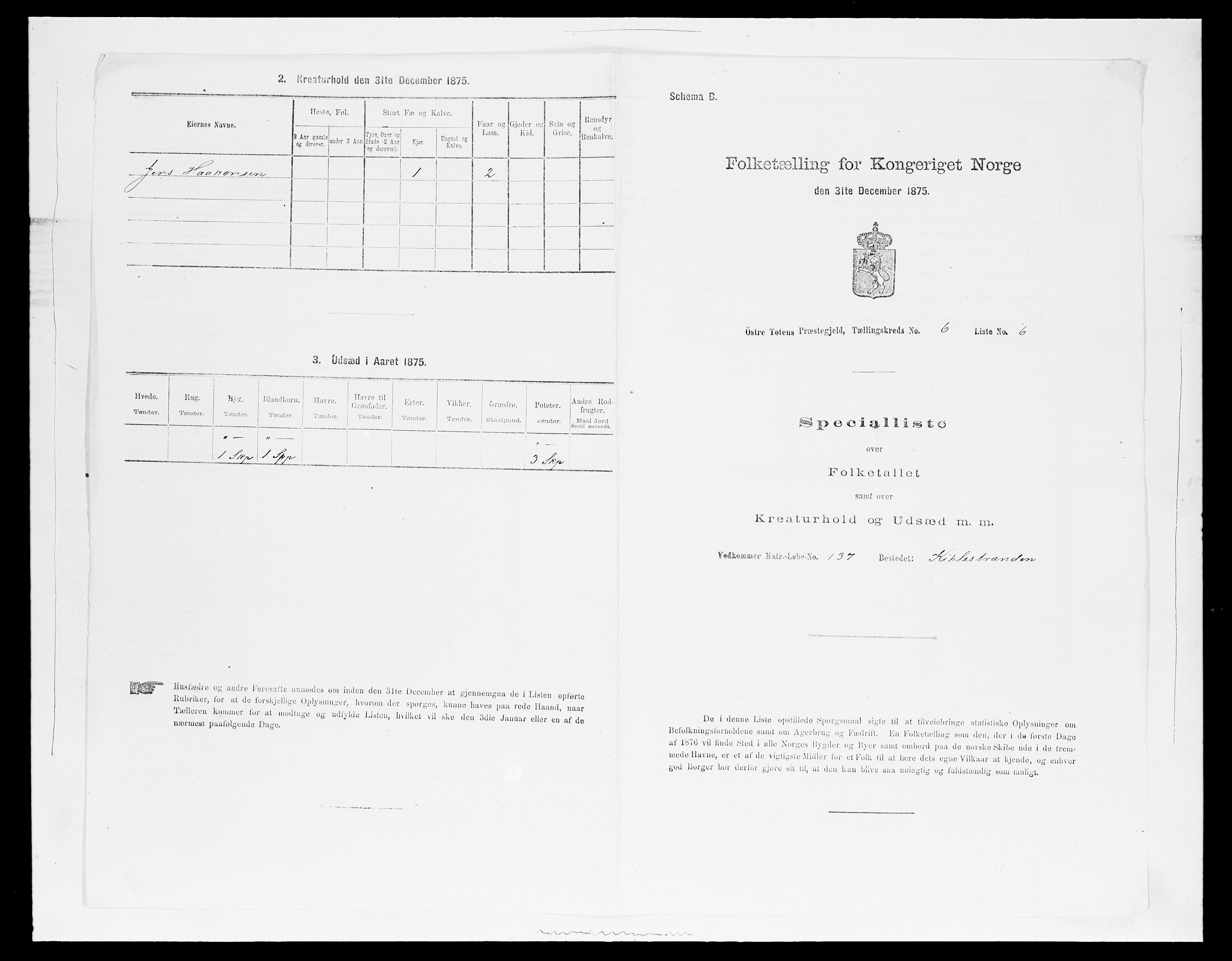 SAH, 1875 census for 0528P Østre Toten, 1875, p. 1152