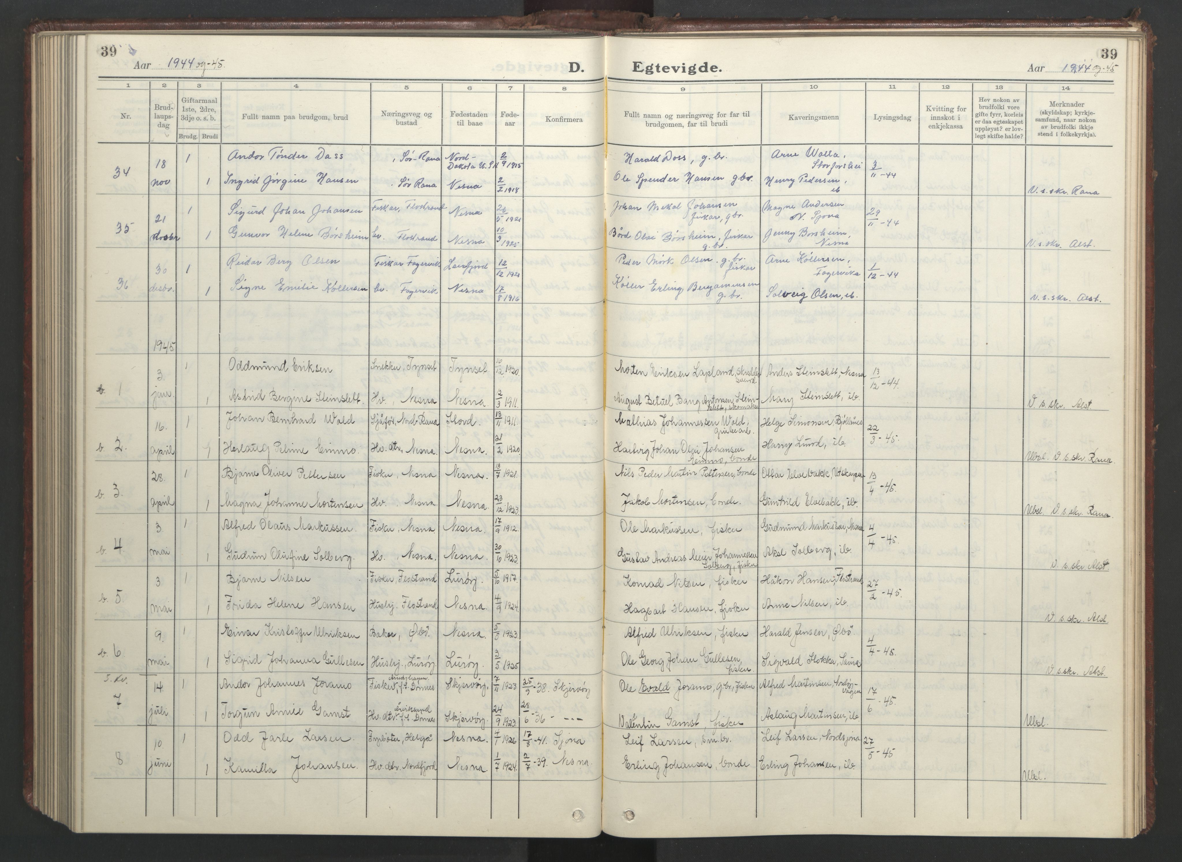 Ministerialprotokoller, klokkerbøker og fødselsregistre - Nordland, AV/SAT-A-1459/838/L0561: Parish register (copy) no. 838C08, 1923-1953, p. 39