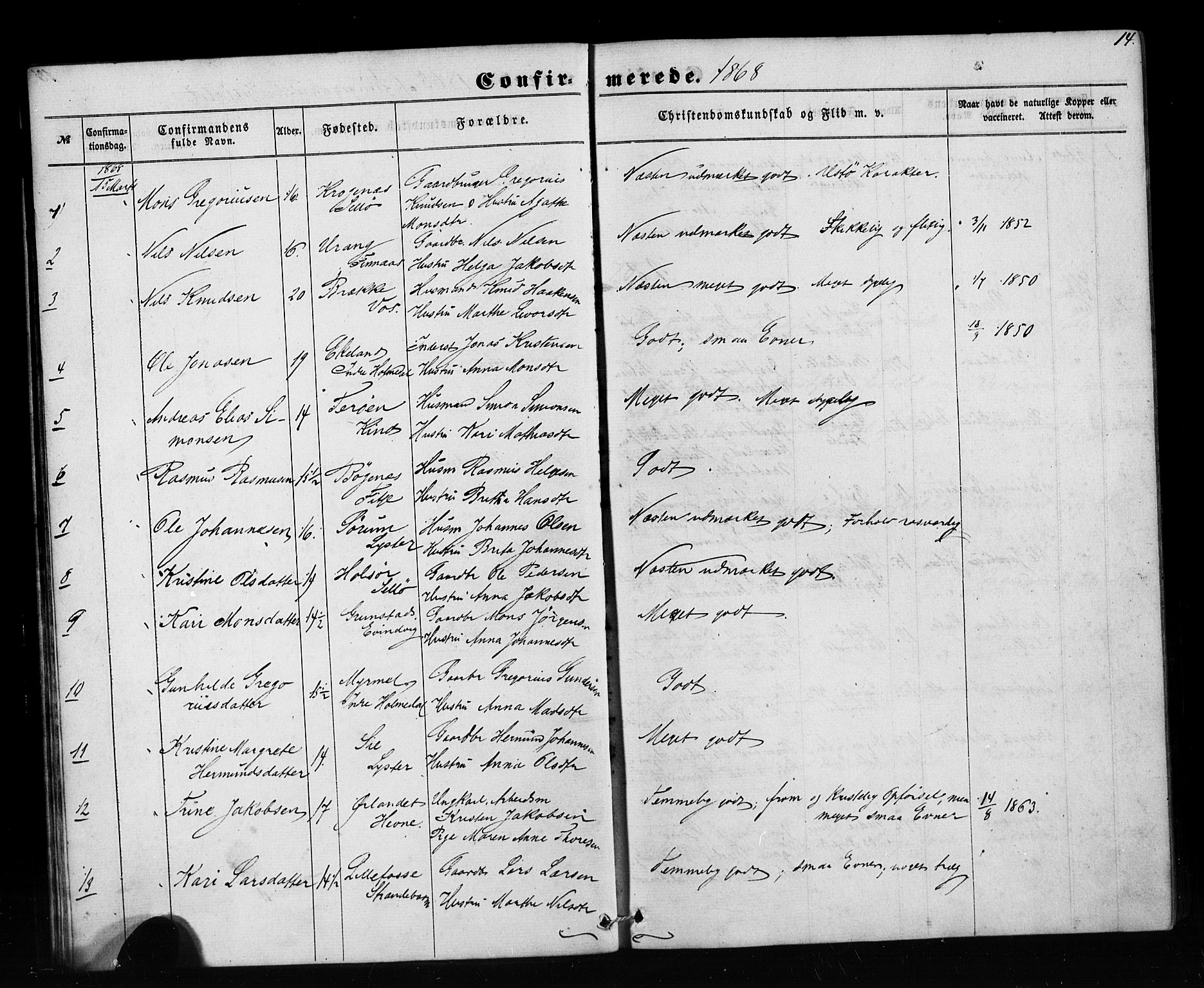 Pleiestiftelsen nr. 1 for spedalske sokneprestembete*, SAB/-: Parish register (official) no. A 1, 1859-1886, p. 14