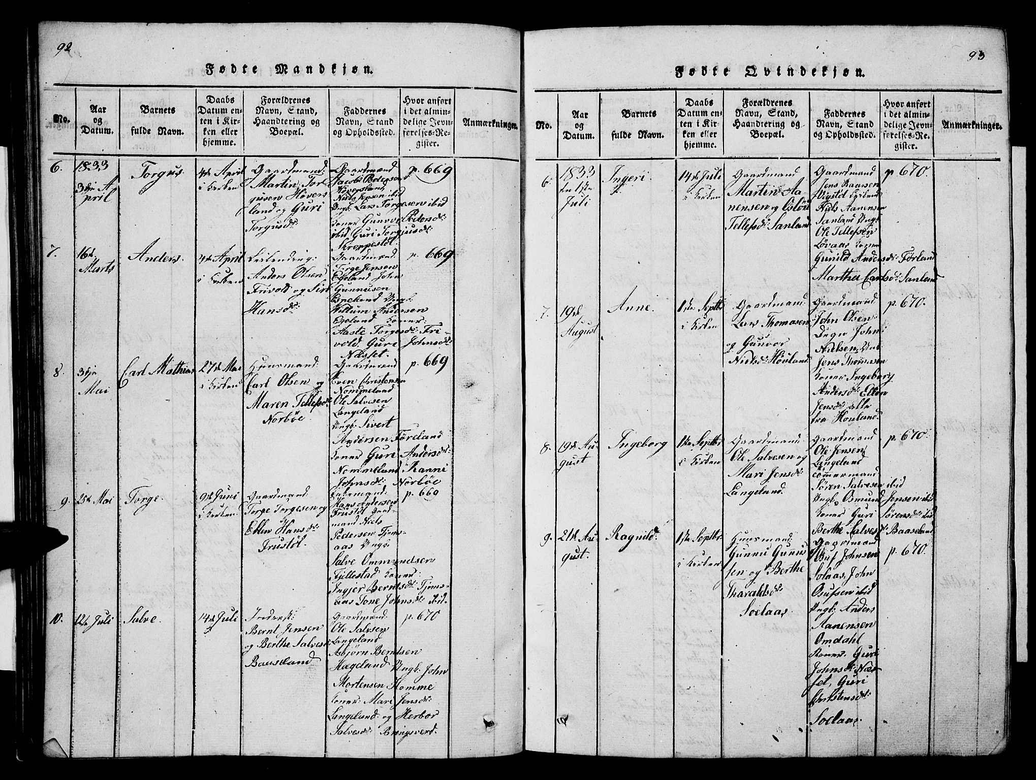 Vennesla sokneprestkontor, AV/SAK-1111-0045/Fb/Fba/L0001: Parish register (copy) no. B 1, 1820-1834, p. 92-93