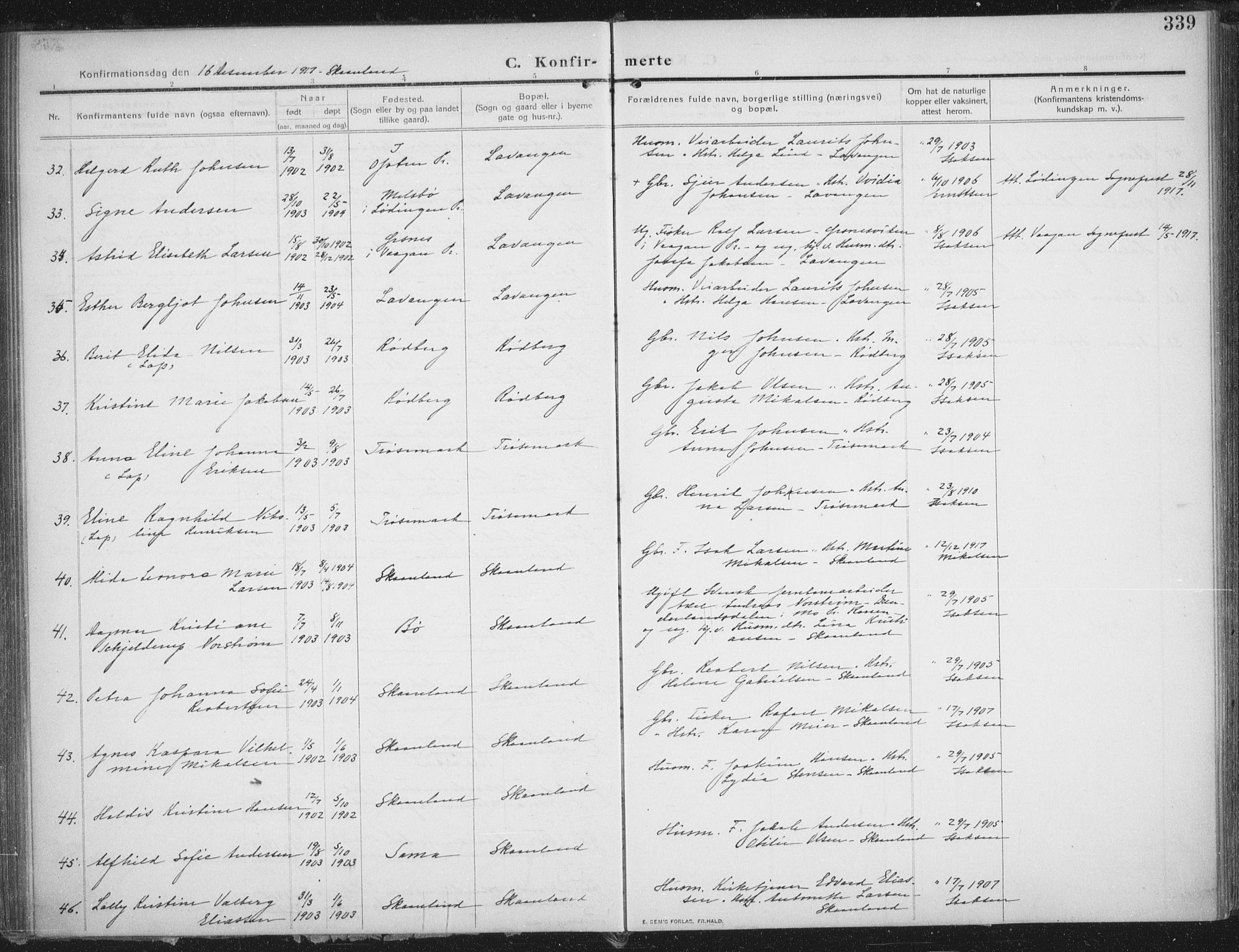 Trondenes sokneprestkontor, AV/SATØ-S-1319/H/Ha/L0018kirke: Parish register (official) no. 18, 1909-1918, p. 339
