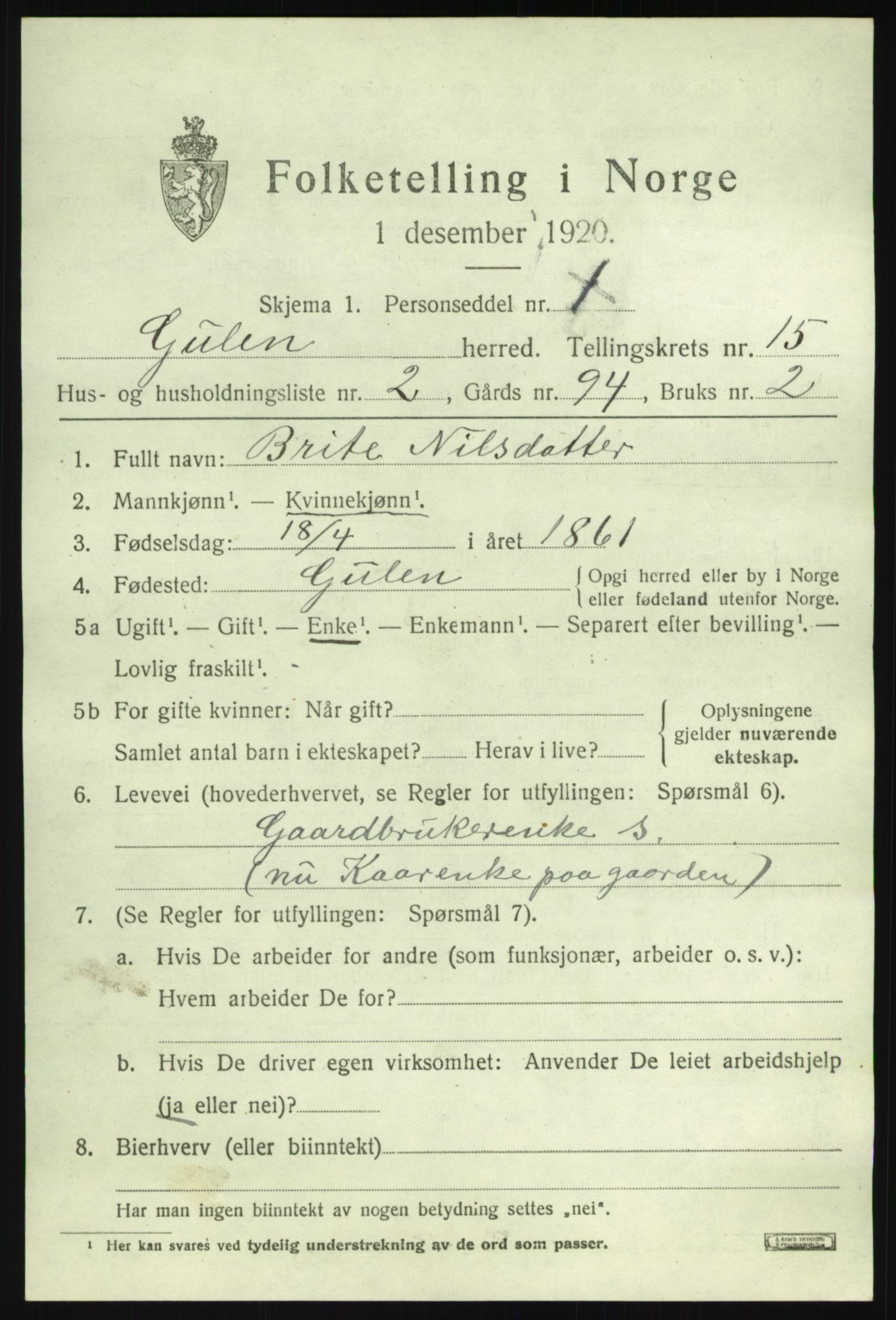 SAB, 1920 census for Gulen, 1920, p. 6437