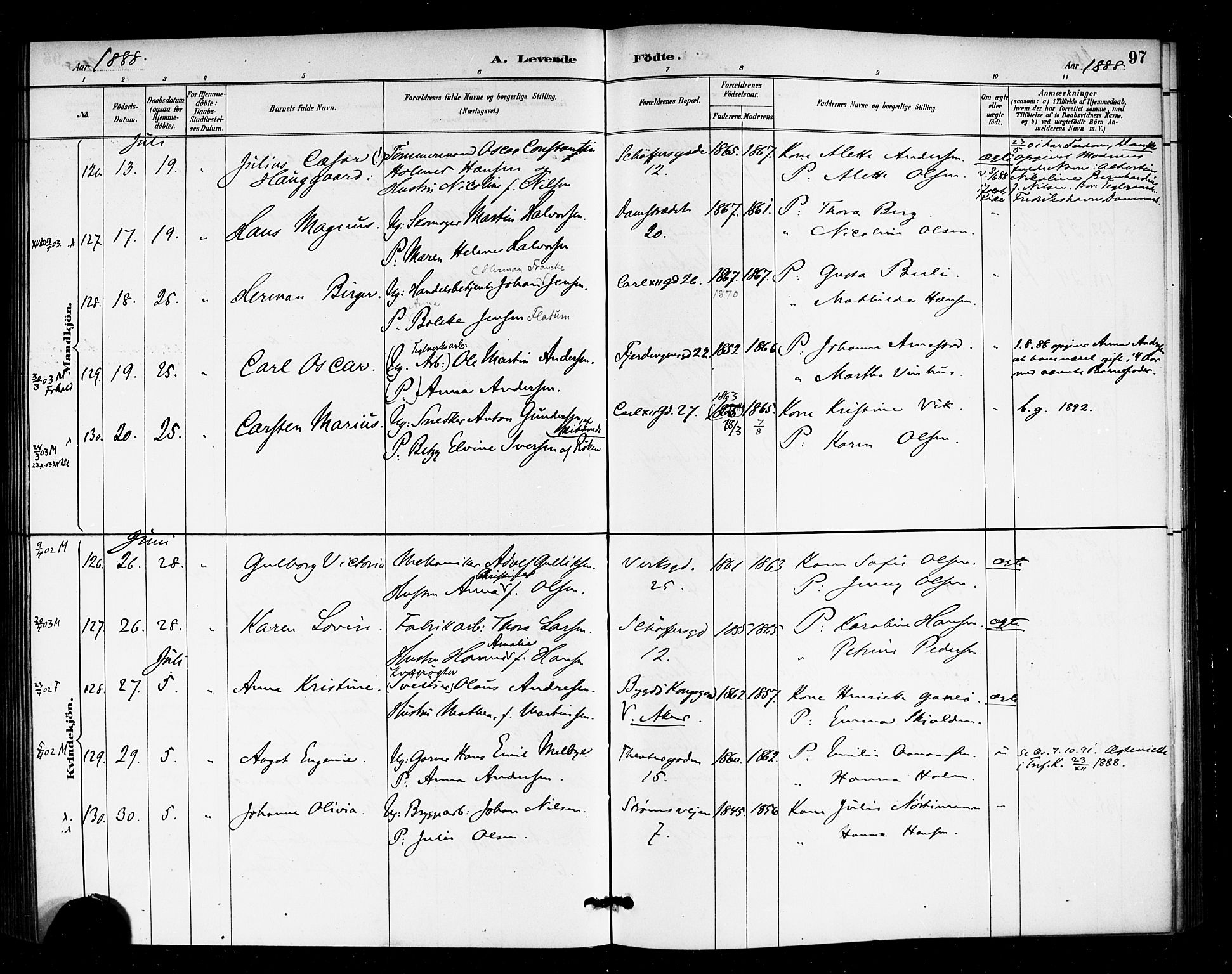 Rikshospitalet prestekontor Kirkebøker, SAO/A-10309b/F/L0007: Parish register (official) no. 7, 1885-1890, p. 97