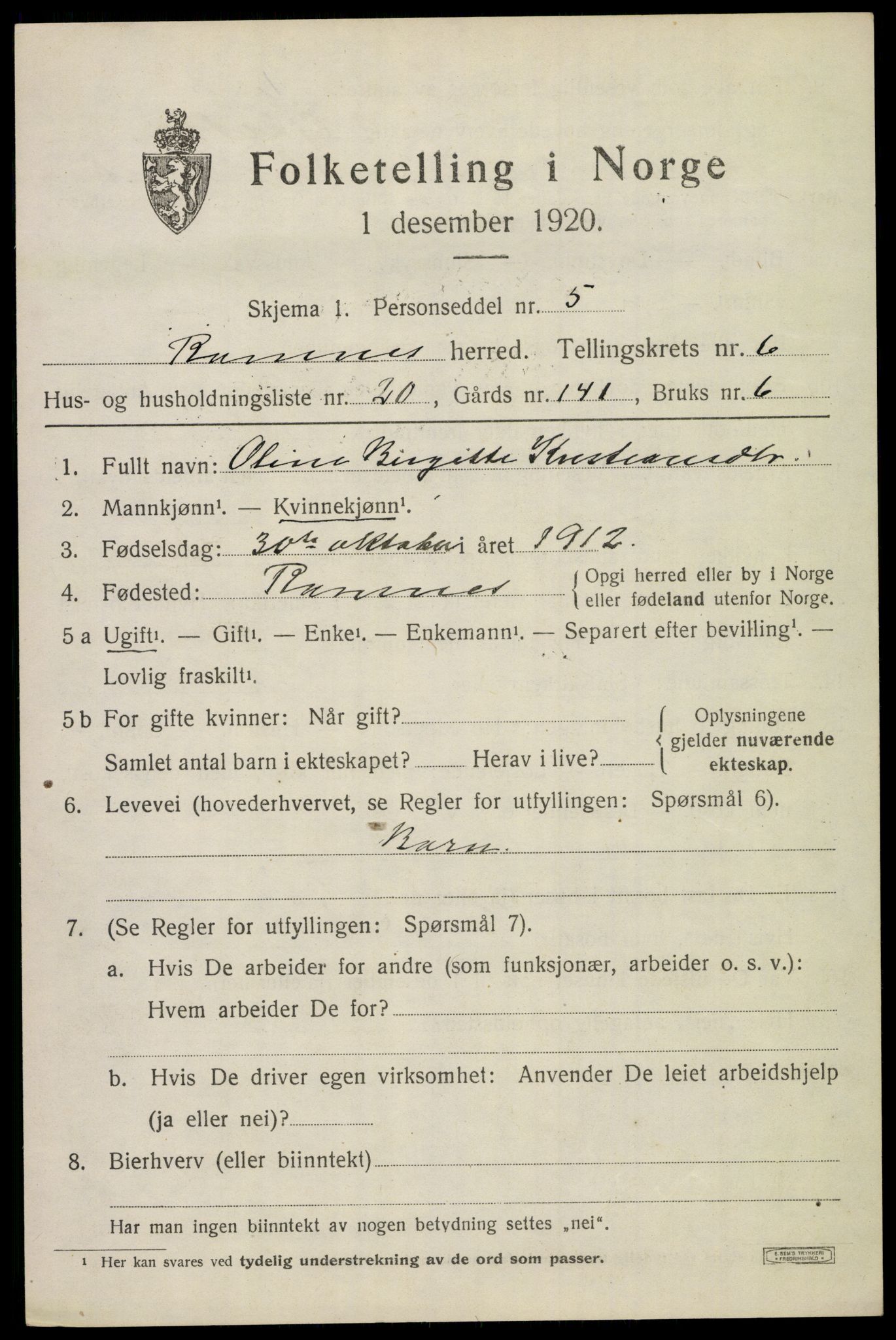 SAKO, 1920 census for Ramnes, 1920, p. 6394