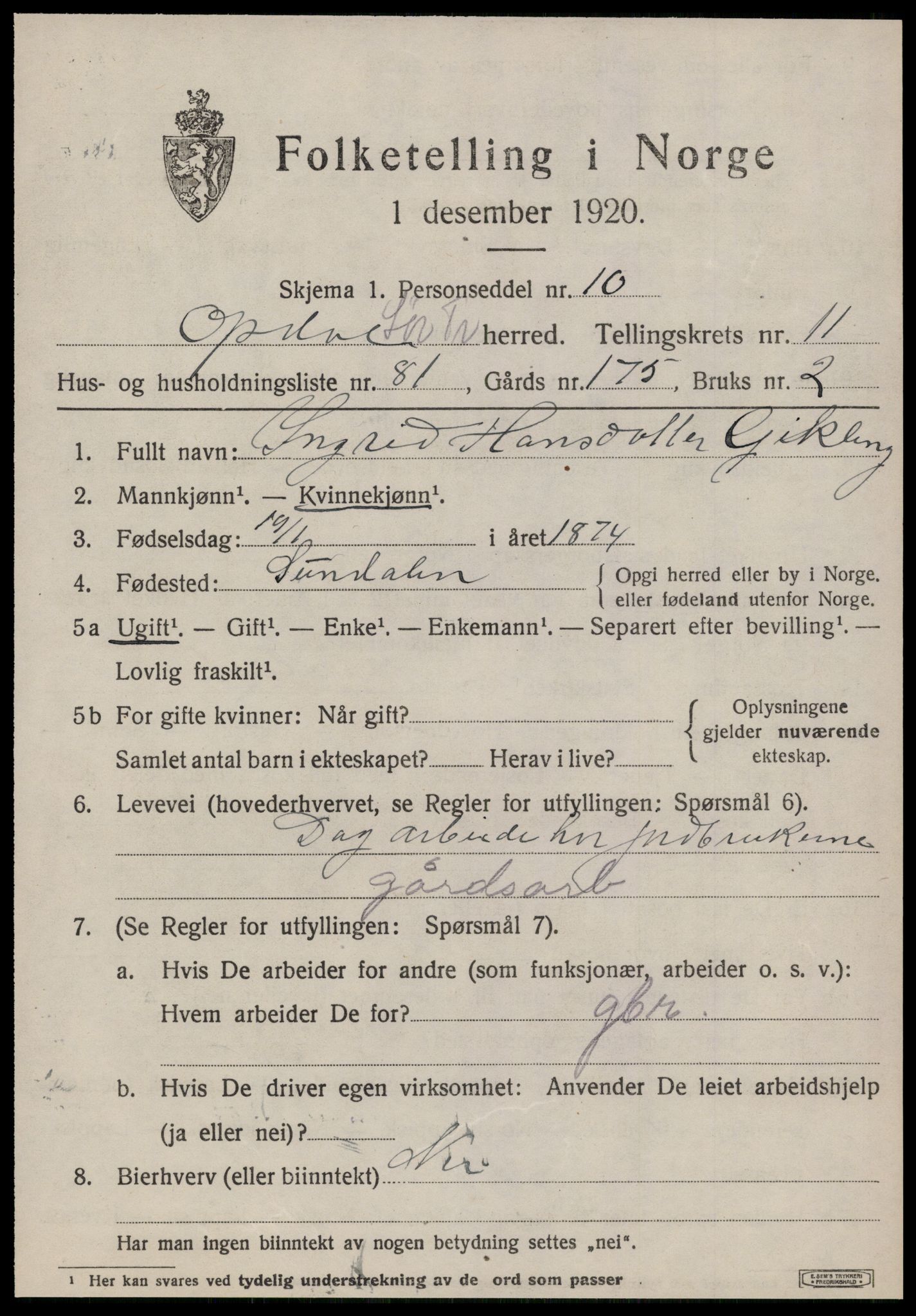 SAT, 1920 census for Oppdal, 1920, p. 10173