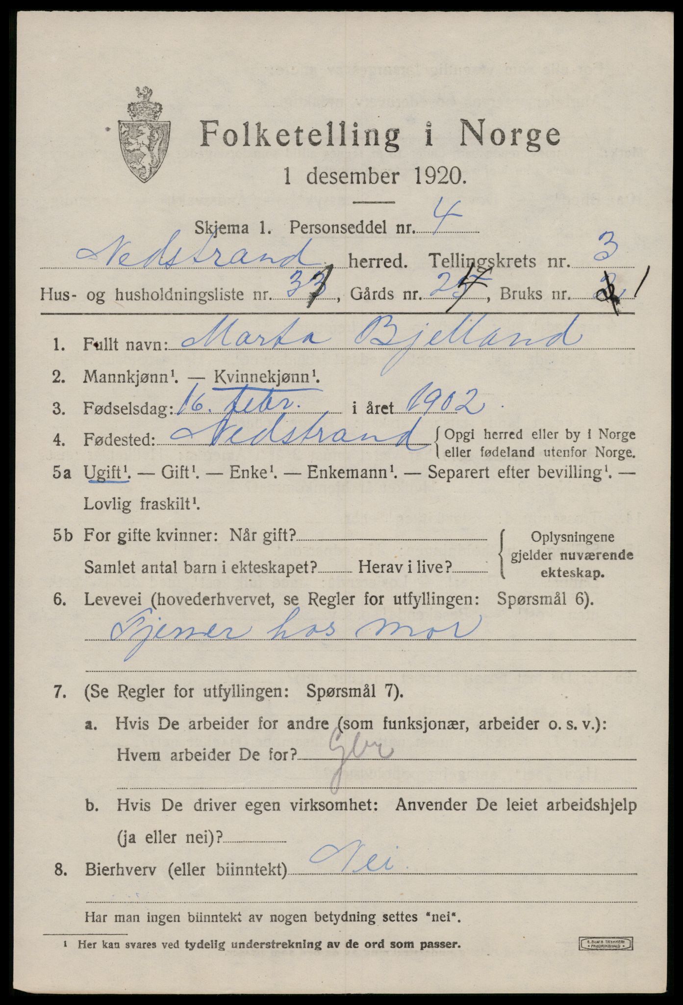 SAST, 1920 census for Nedstrand, 1920, p. 1655