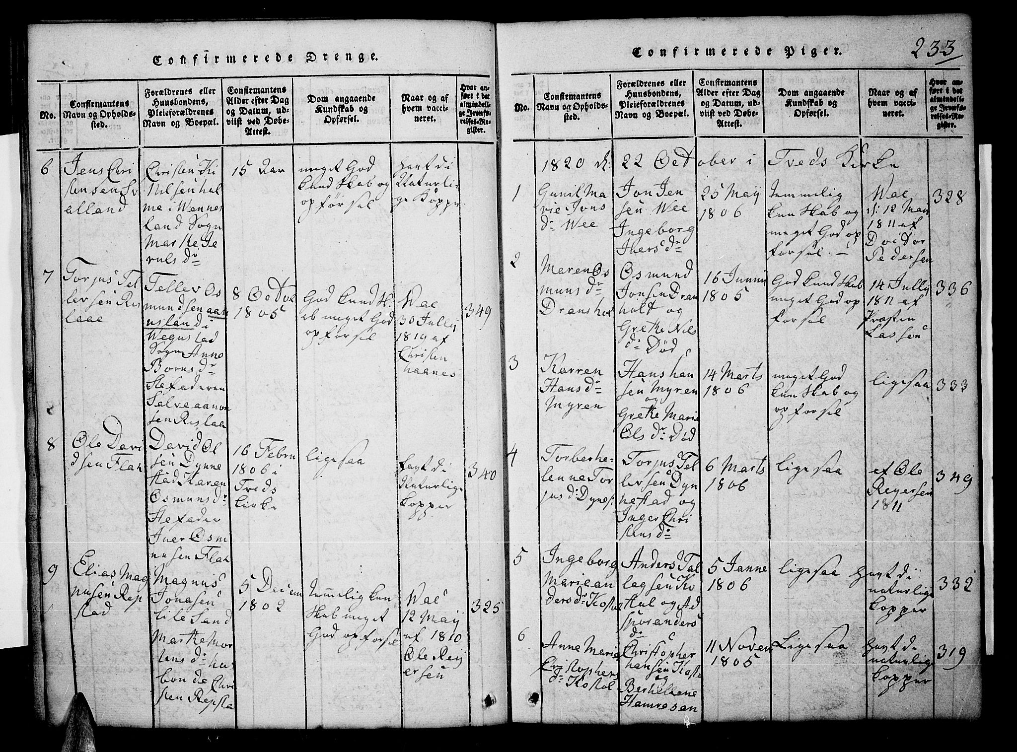 Tveit sokneprestkontor, AV/SAK-1111-0043/F/Fb/L0001: Parish register (copy) no. B 1, 1820-1834, p. 233