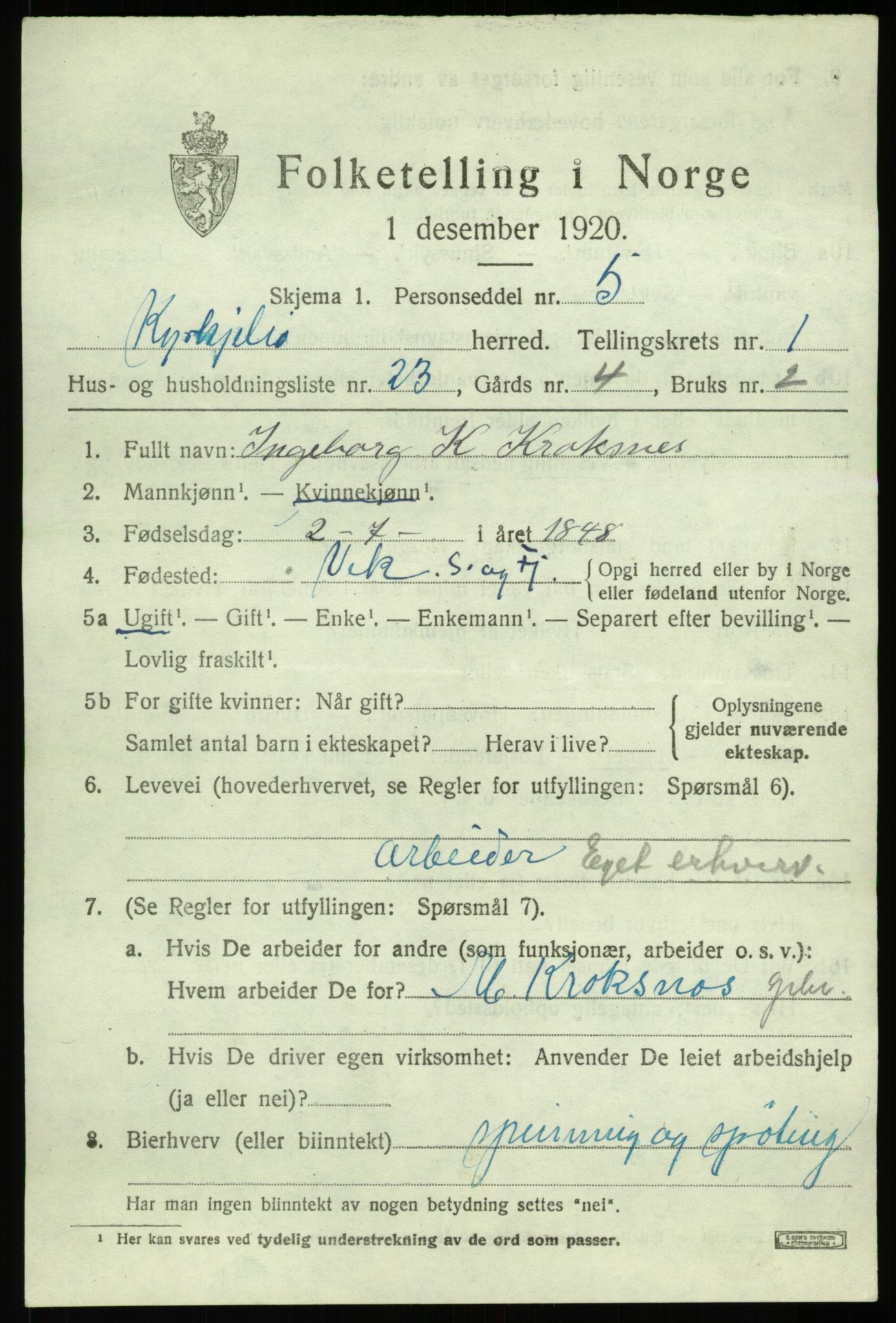 SAB, 1920 census for Kyrkjebø, 1920, p. 1007