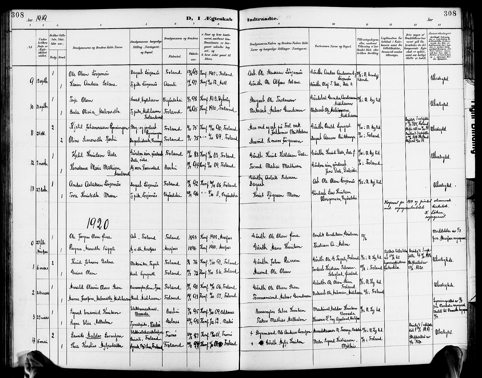 Froland sokneprestkontor, SAK/1111-0013/F/Fb/L0010: Parish register (copy) no. B 10, 1893-1920, p. 308