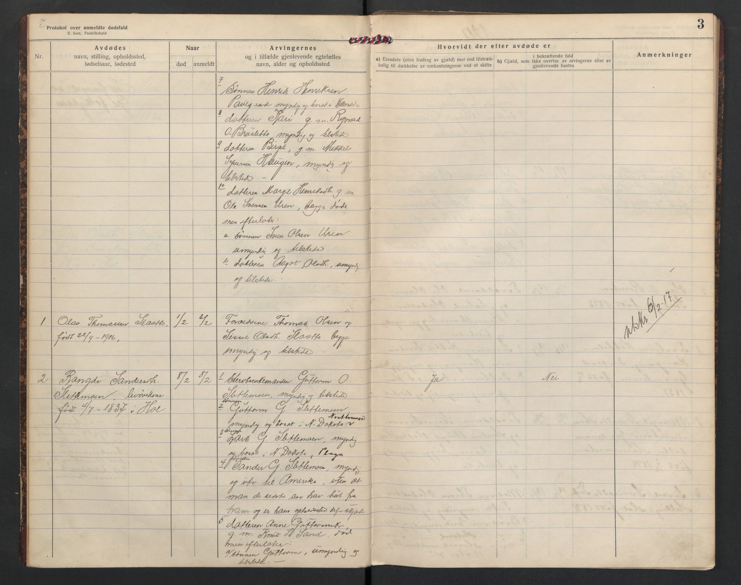 Hol lensmannskontor, SAKO/A-512/H/Ha/L0005: Dødsanmeldelsesprotokoll, 1917-1924, p. 3