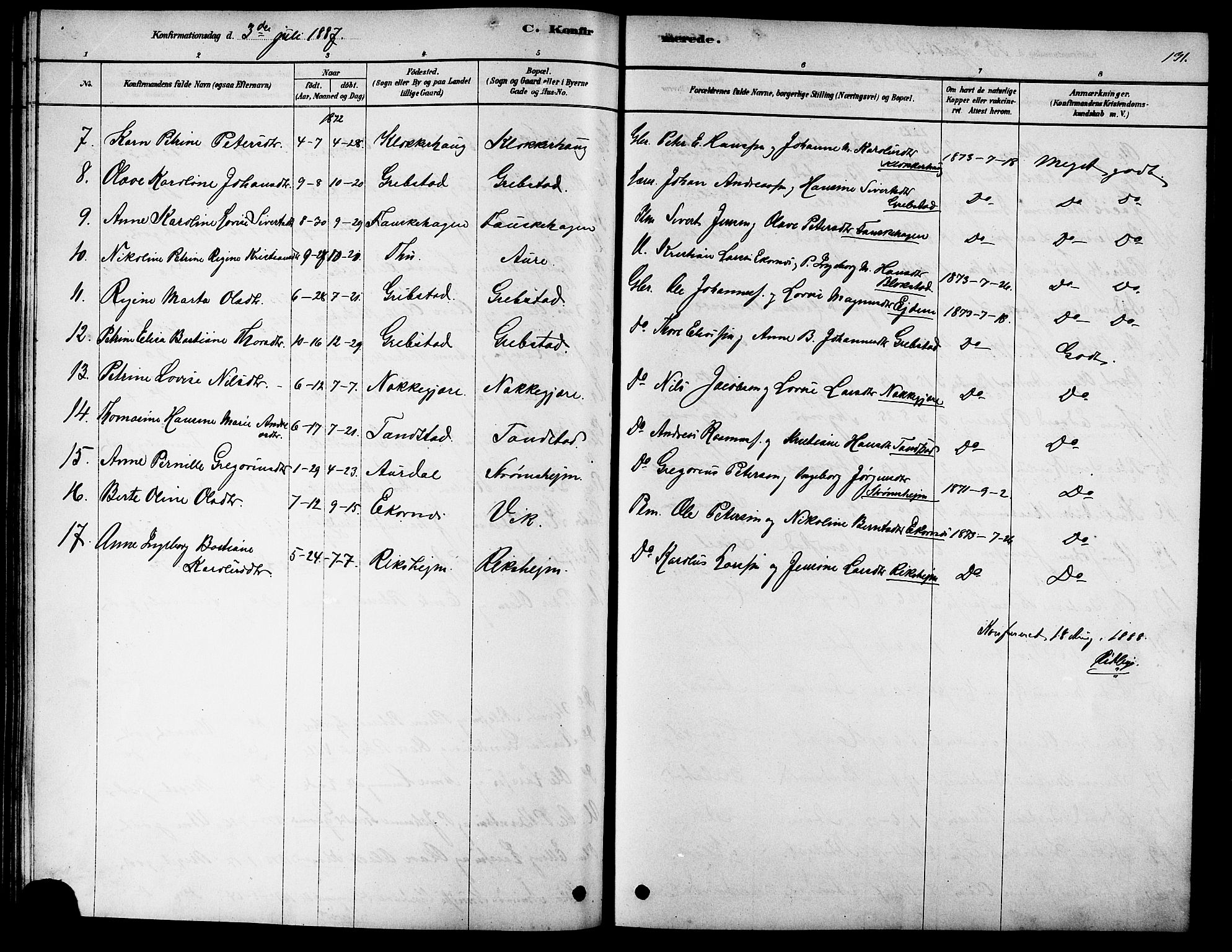 Ministerialprotokoller, klokkerbøker og fødselsregistre - Møre og Romsdal, AV/SAT-A-1454/523/L0339: Parish register (copy) no. 523C02, 1878-1891, p. 131