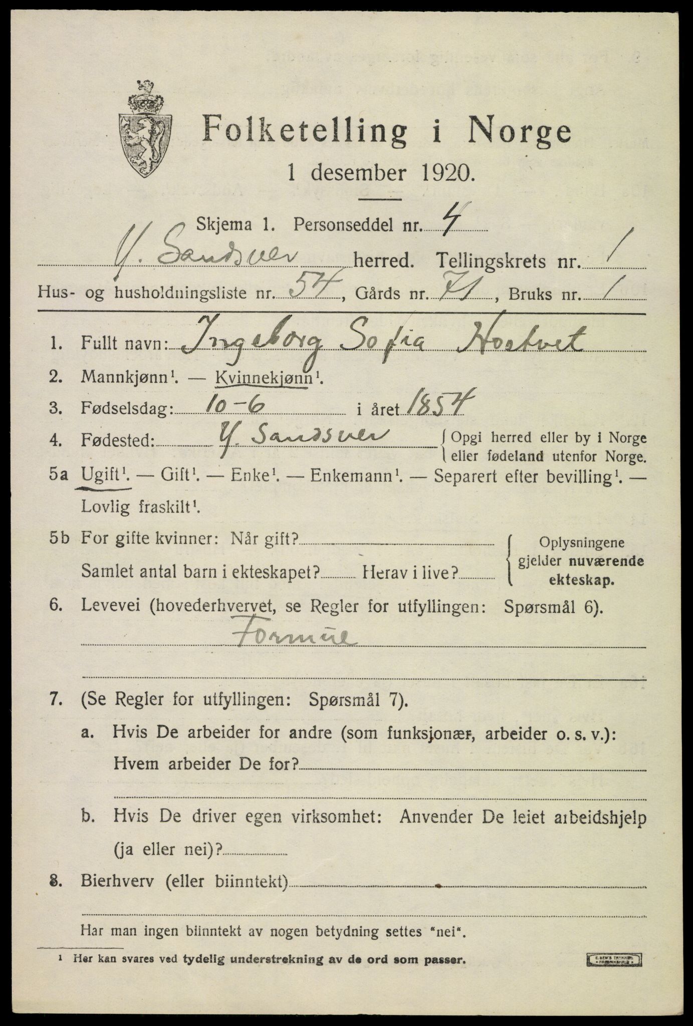 SAKO, 1920 census for Ytre Sandsvær, 1920, p. 1722