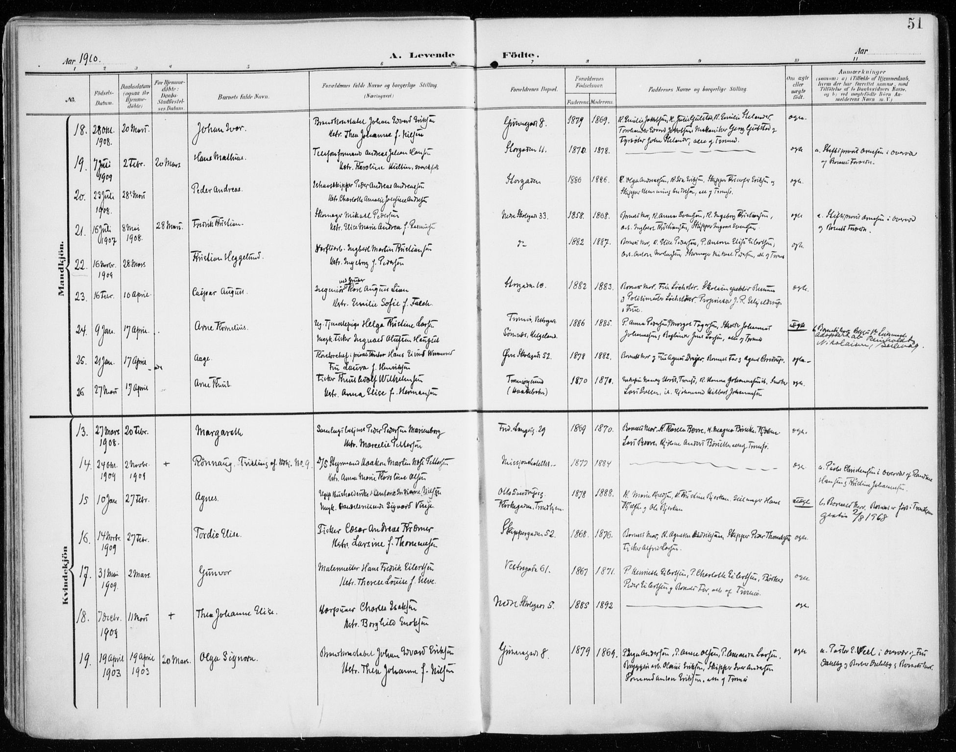 Tromsø sokneprestkontor/stiftsprosti/domprosti, AV/SATØ-S-1343/G/Ga/L0017kirke: Parish register (official) no. 17, 1907-1917, p. 51