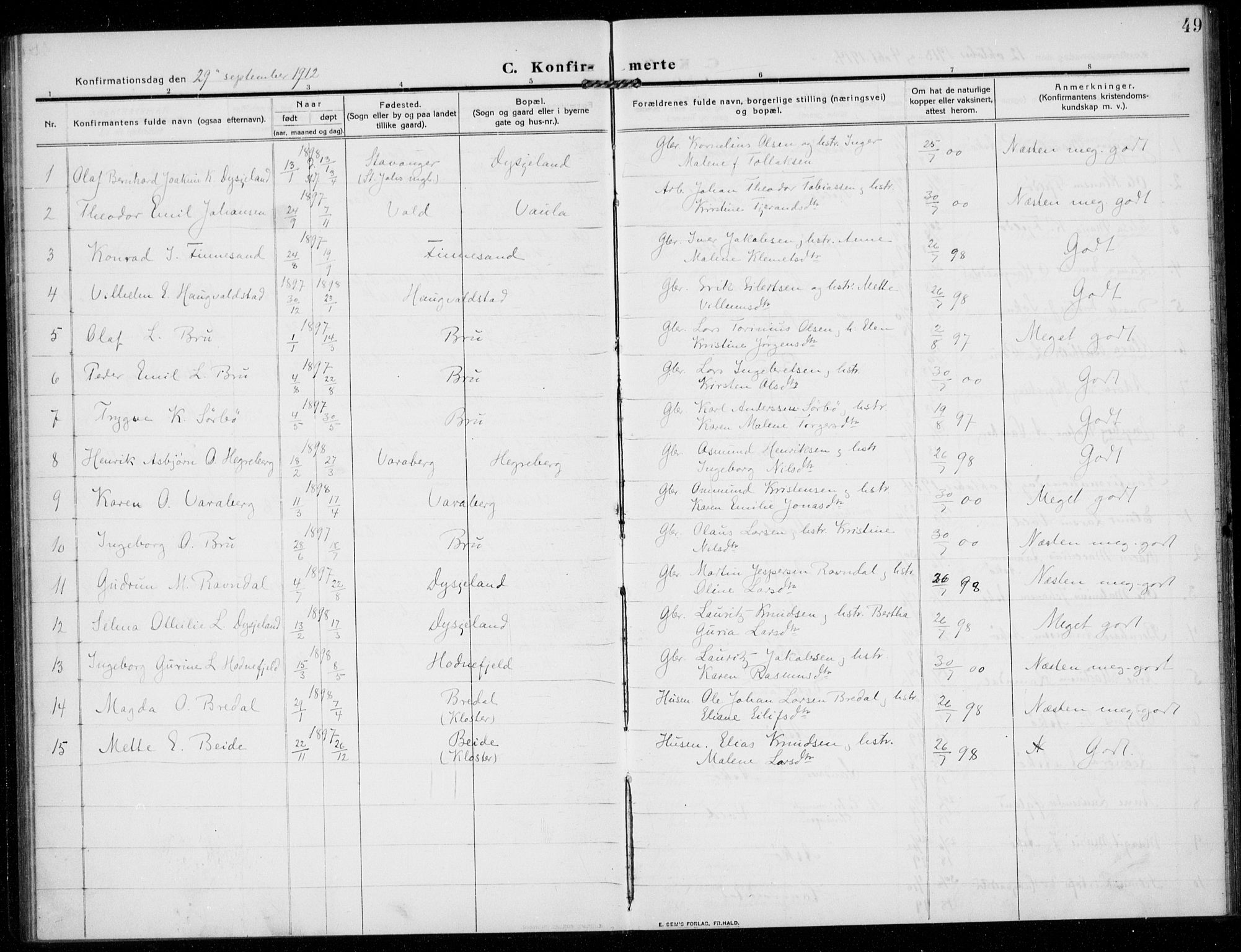 Rennesøy sokneprestkontor, SAST/A -101827/H/Ha/Haa/L0017: Parish register (official) no. A 17, 1908-1926, p. 49