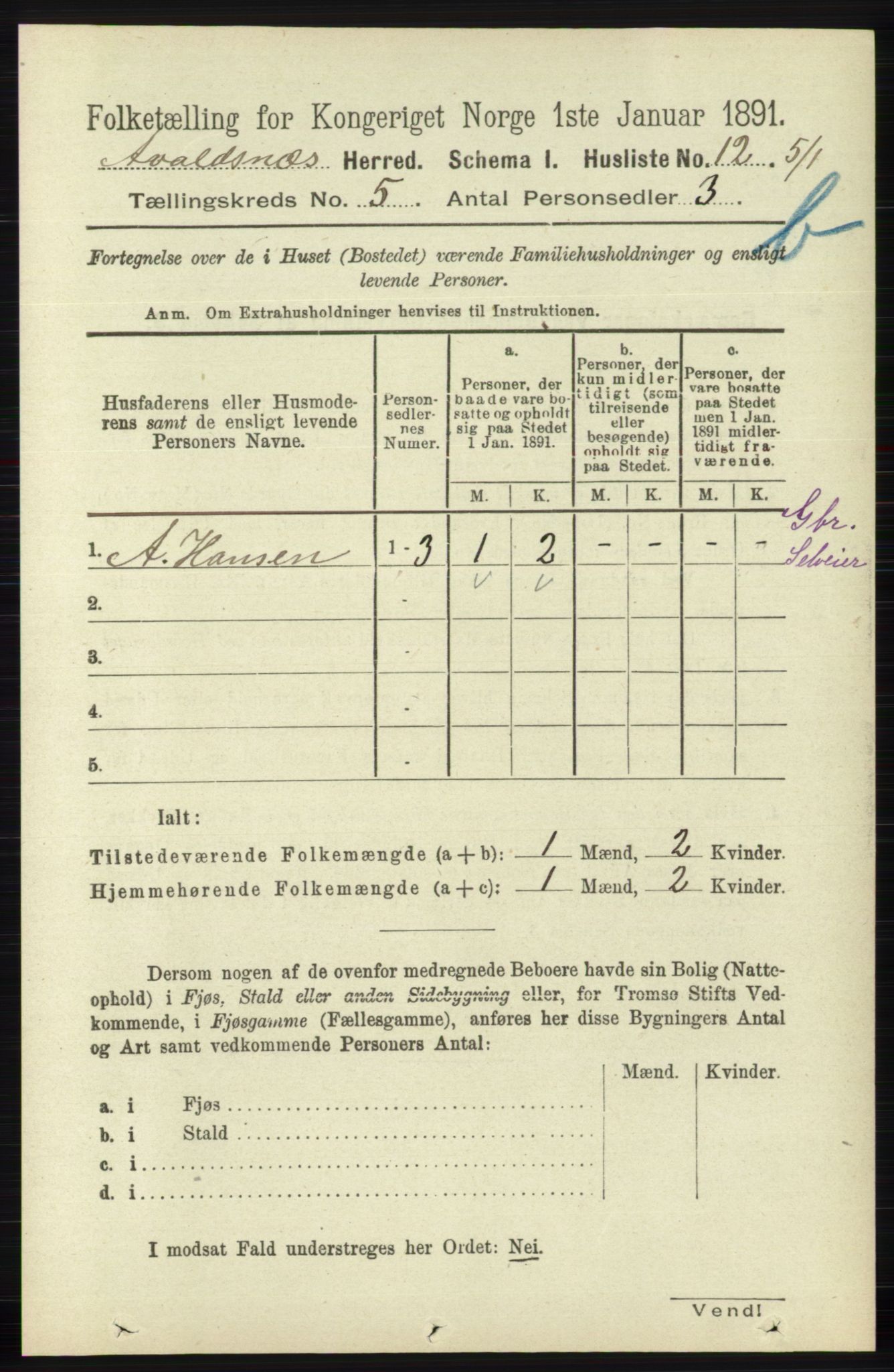 RA, 1891 census for 1147 Avaldsnes, 1891, p. 3000