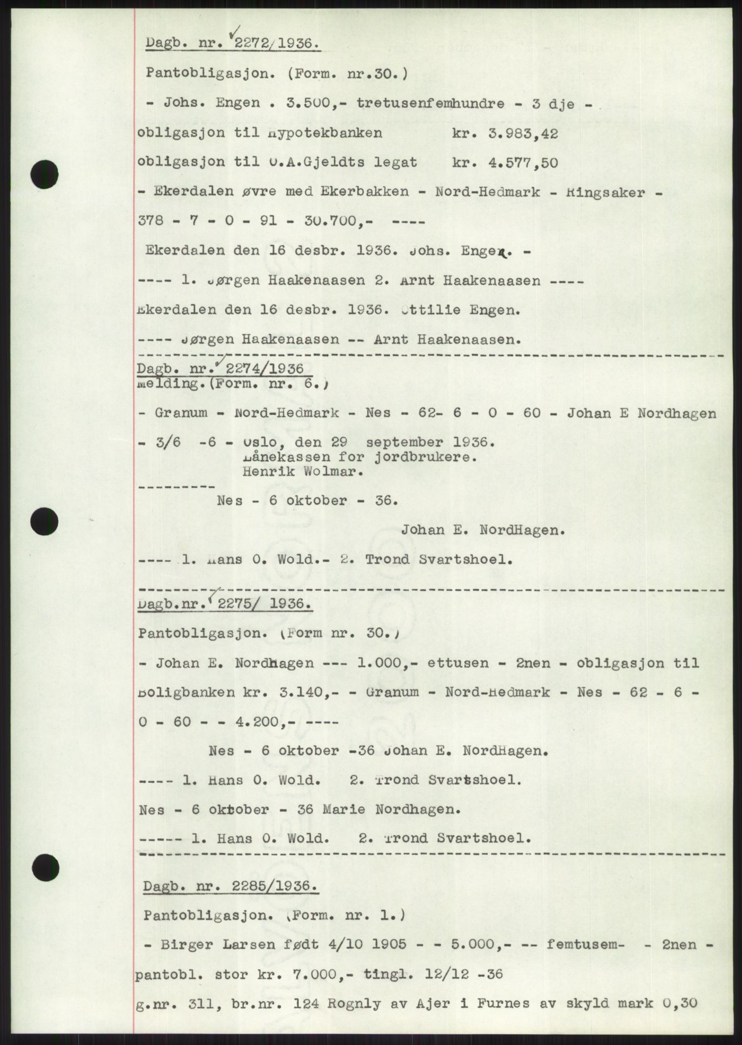 Nord-Hedmark sorenskriveri, SAH/TING-012/H/Hb/Hbf/L0001: Mortgage book no. B1, 1936-1936, Diary no: : 2272/1936